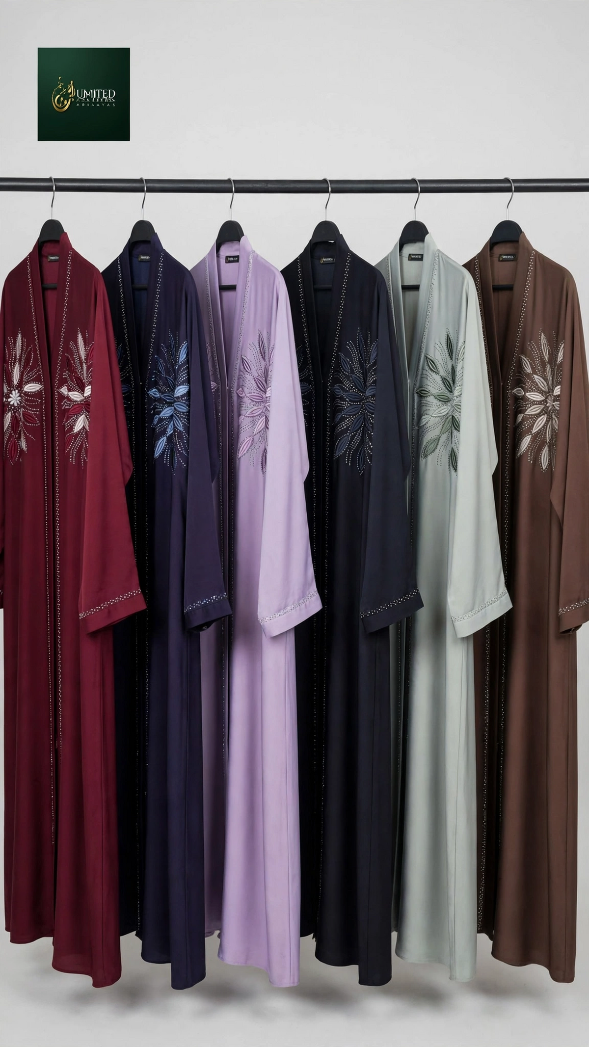 Front-Open Starburst Floral Stonework Embroidered Abaya | Premium Romantic Nida Embroidered Stone-Studded Abaya
