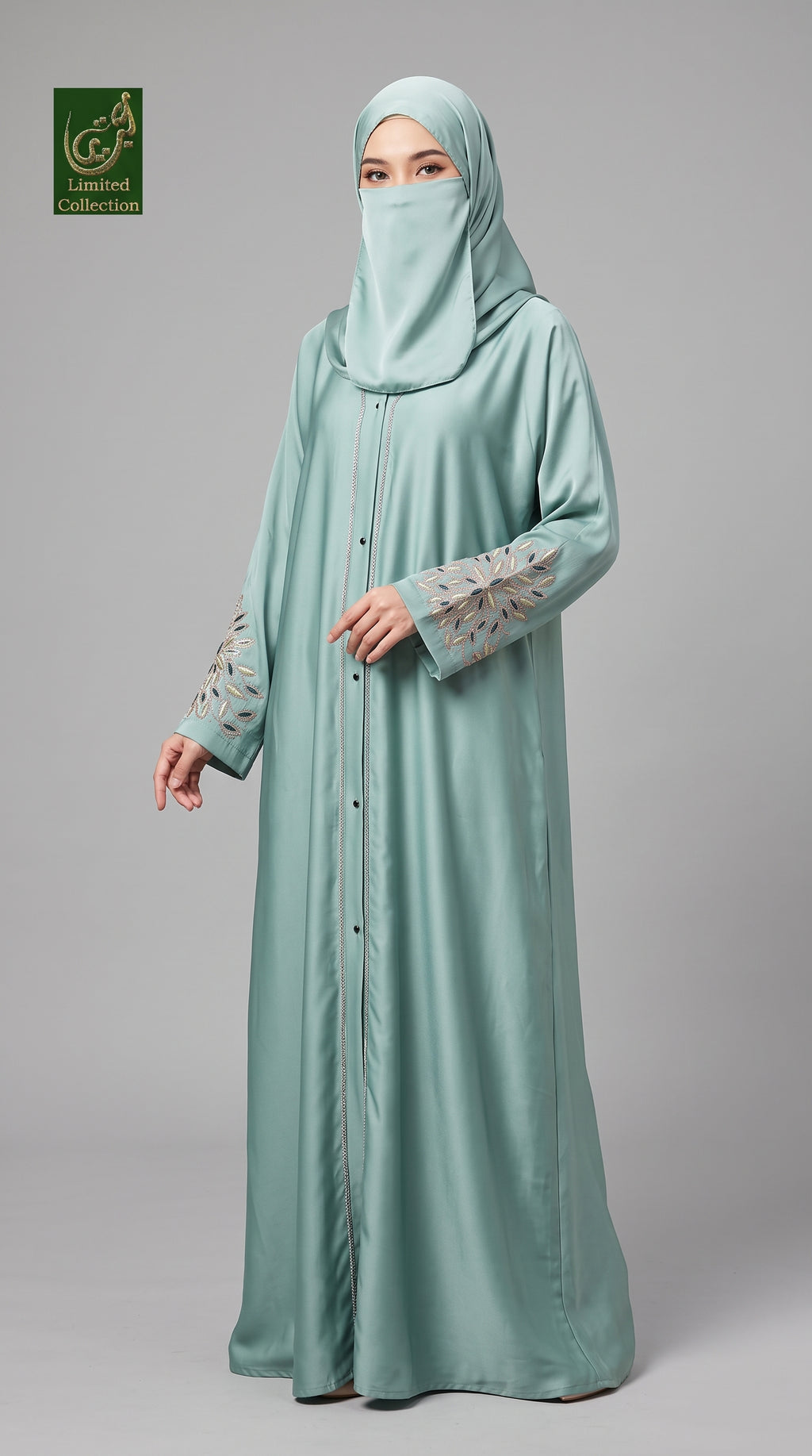 Front-Open Abaya with Stone-Embroidered Sleeves & Back | Premium Romantic Nida Stonework Abaya
