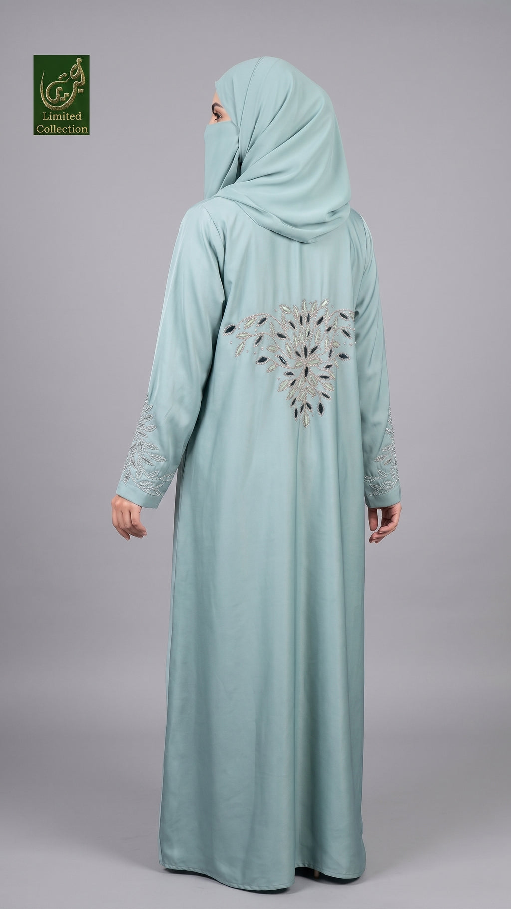 back embroidery shown on skyblue abaya