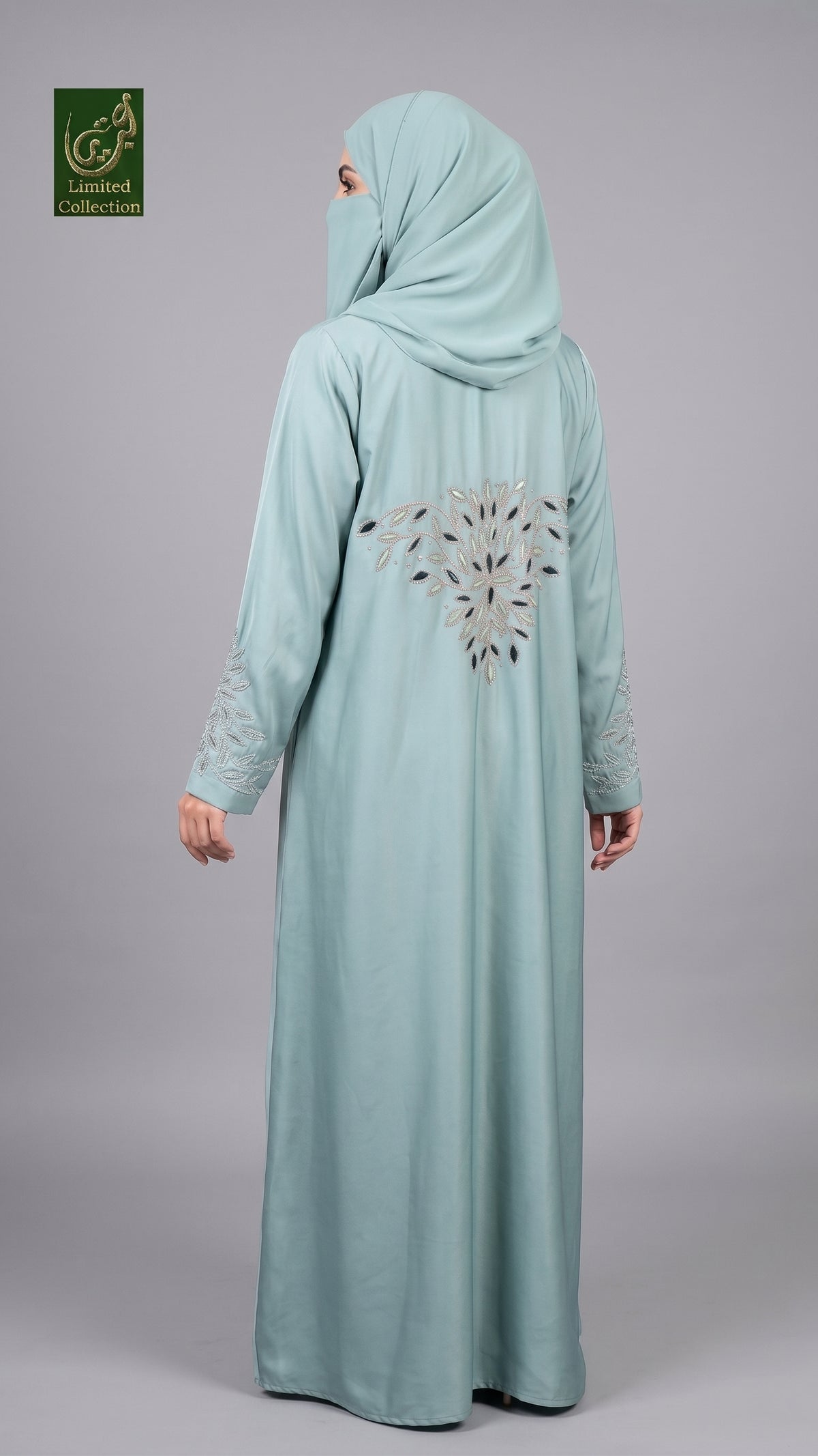 back embroidery shown on skyblue abaya