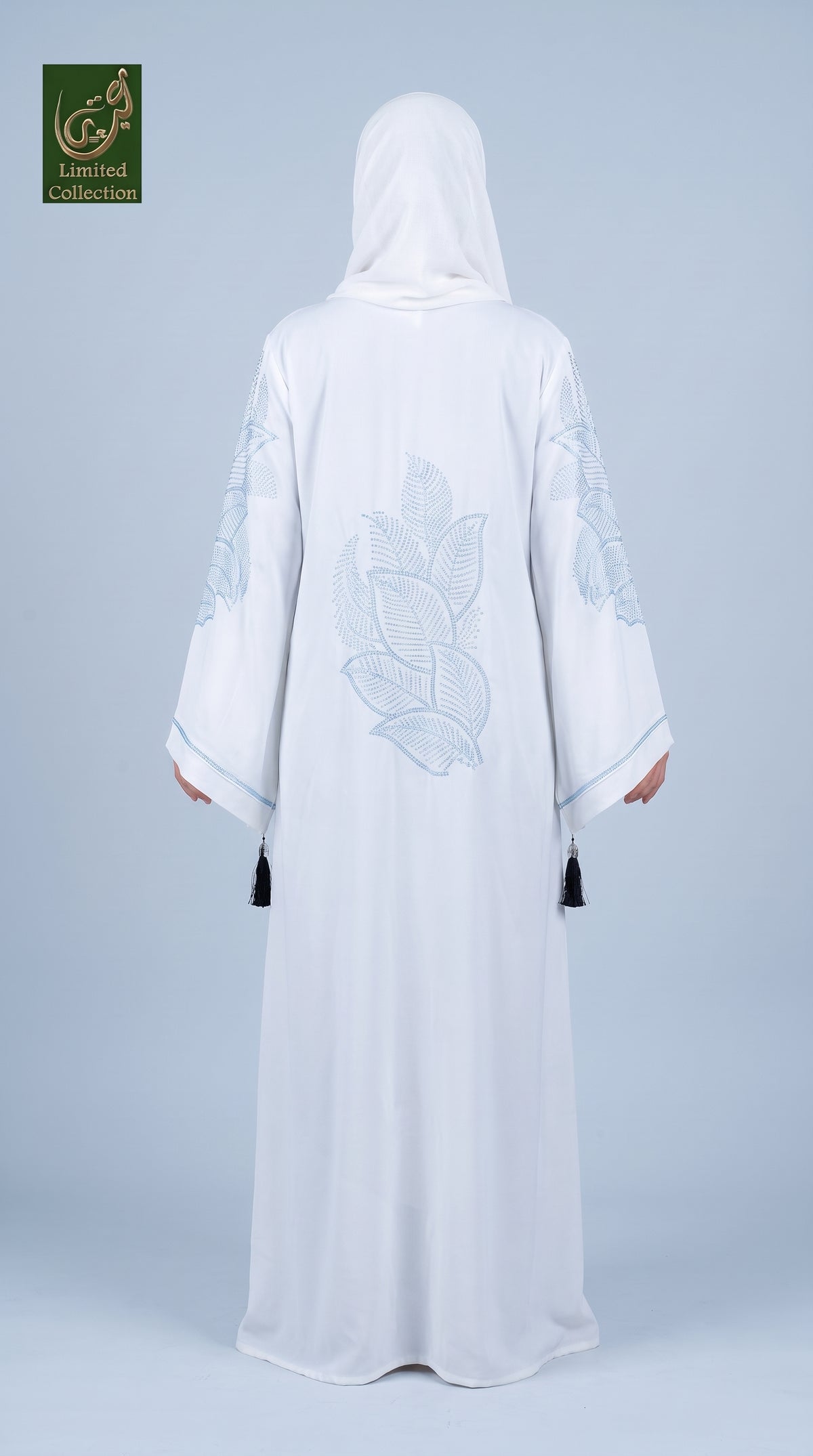 Front-Open Leaf Stonework Abaya with Tassels | Premium Romantic Nida Stone-Studded Abaya