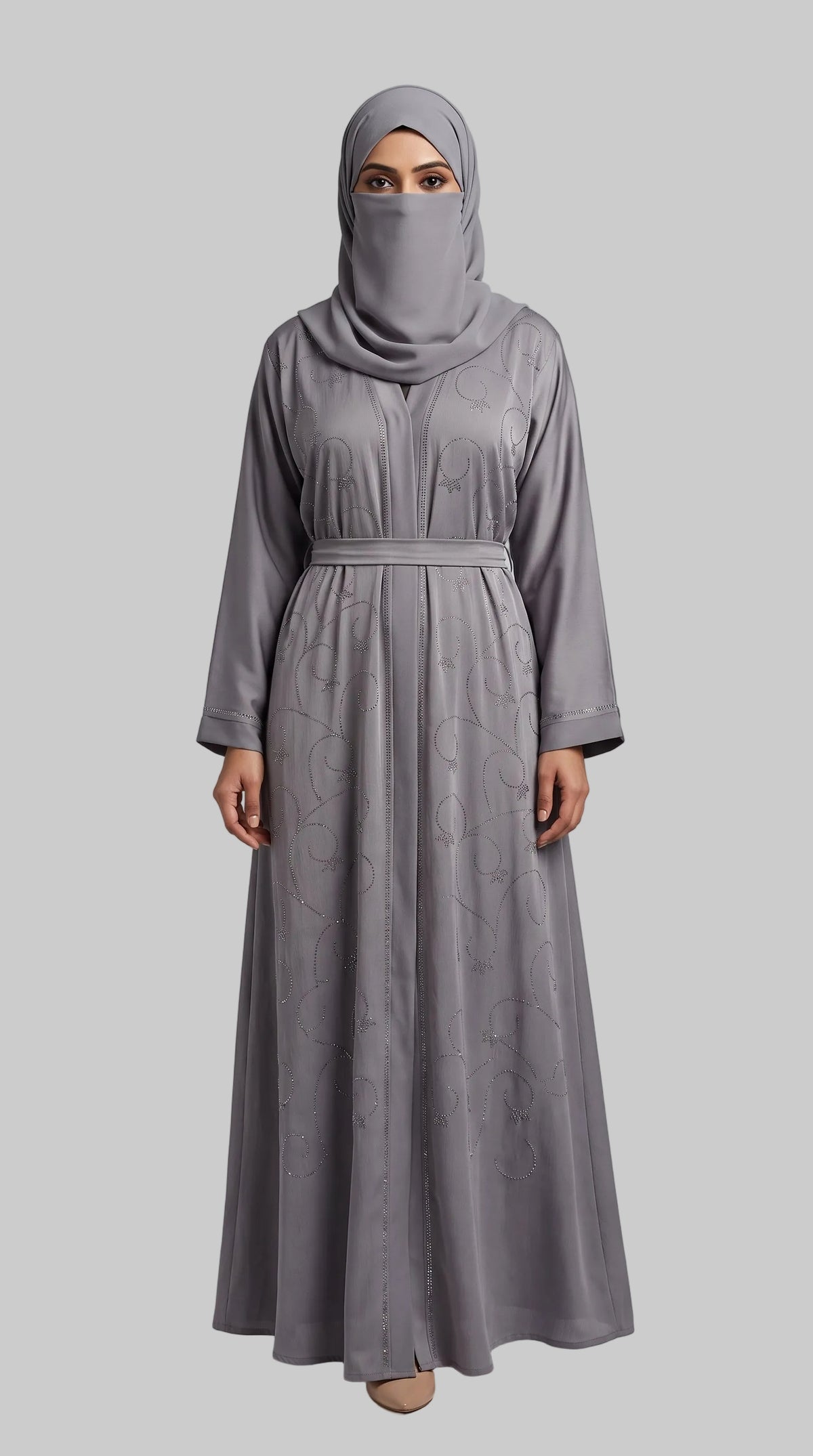 Front-Closed Swirl Stonework Abaya with Belt | Premium Nida Colored Stone-Studded Tie-Back Abaya