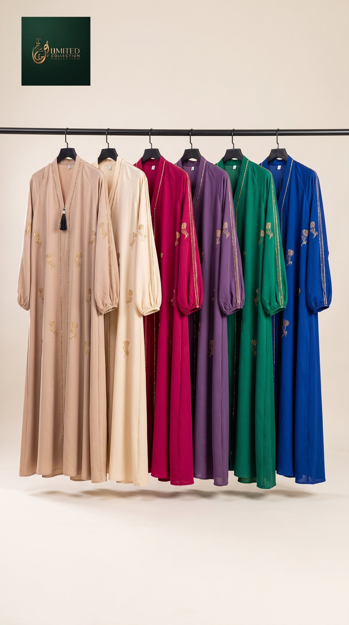 Front-Open Scattered Bloom Motif Stonework Abaya | Premium Romantic Nida Colored Stone-Studded Abaya