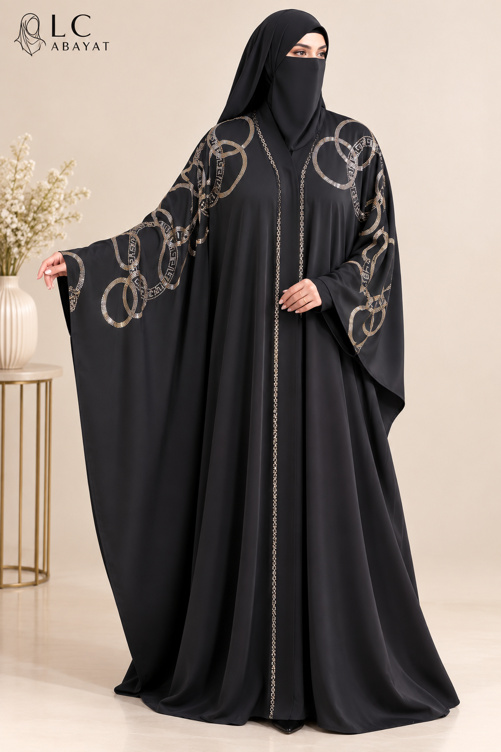 Front-Open Interlocking Rings Stonework Abaya | Premium Romantic Nida Stonework Abaya