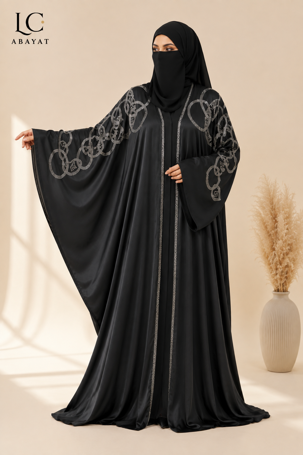 Front-Open Interlocking Rings Stonework Abaya | Premium Romantic Nida Stonework Abaya