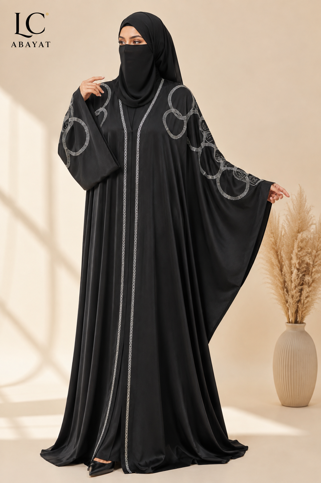 Front-Open Interlocking Rings Stonework Abaya | Premium Romantic Nida Stonework Abaya