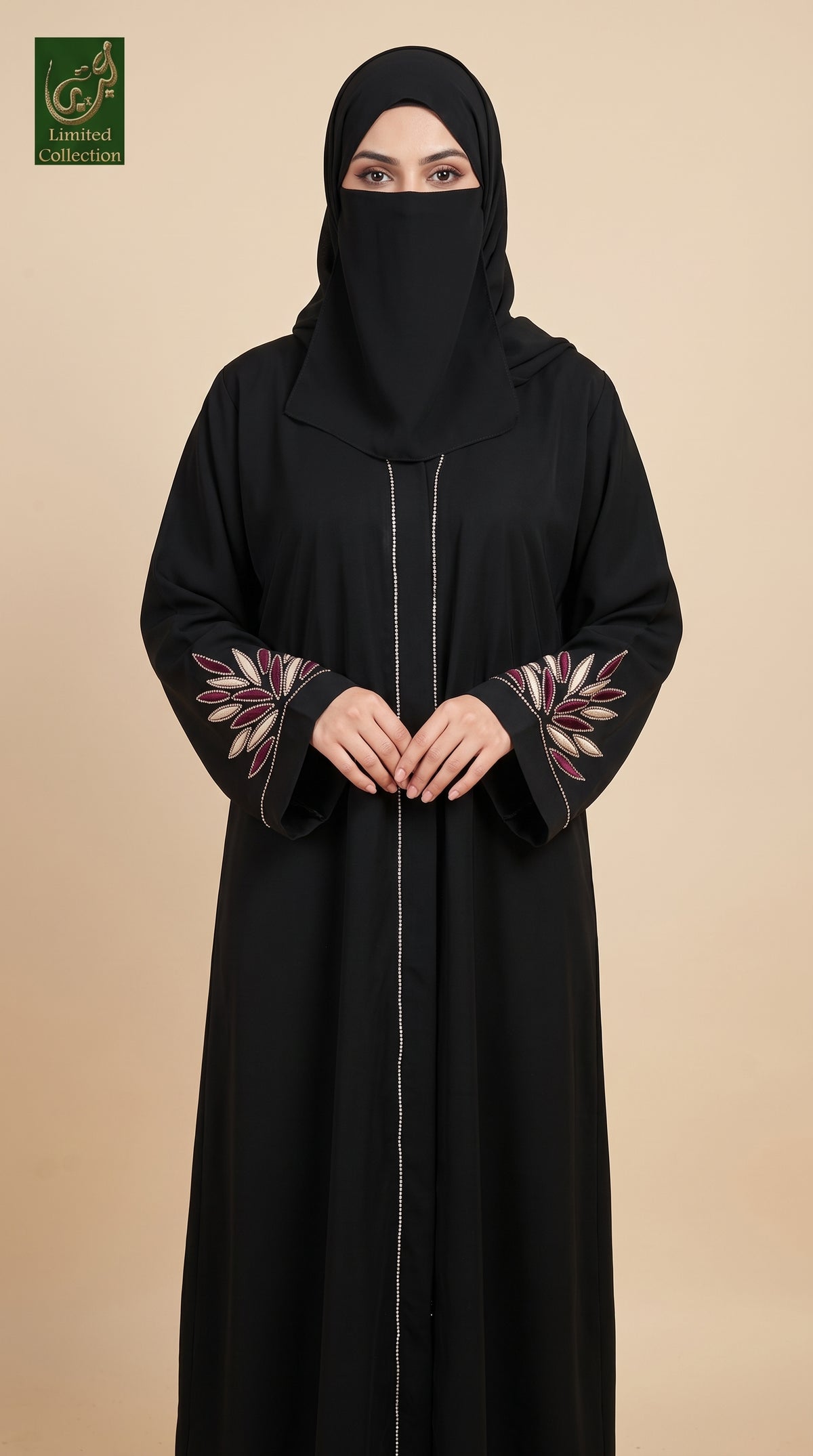 Stonework Embroidery Abaya from front in romantic nida fabric