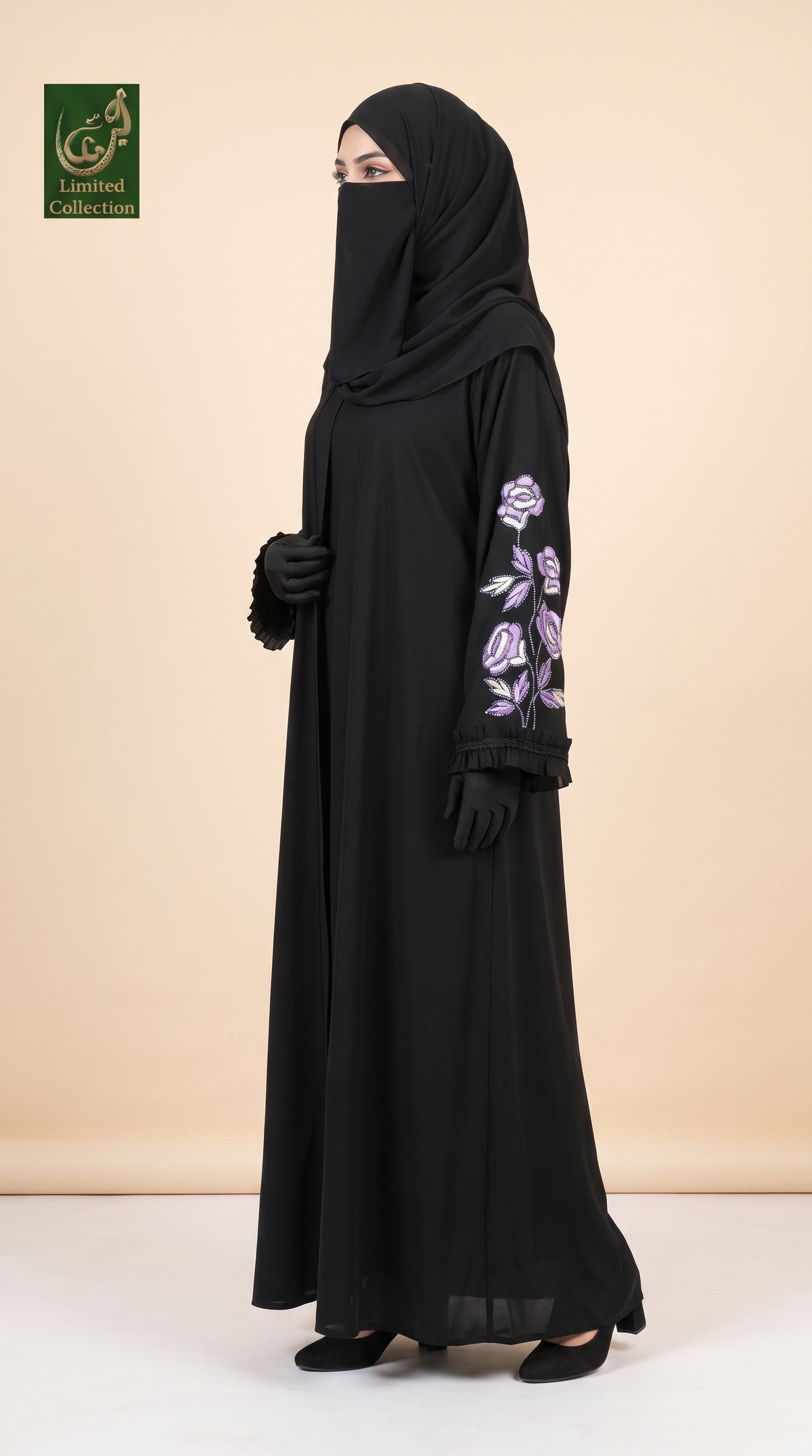 Front-Open Black Abaya with Rose Stone-Embroidered & Ruffled Cuffs | Premium Moss Chiffon Stonework Abaya