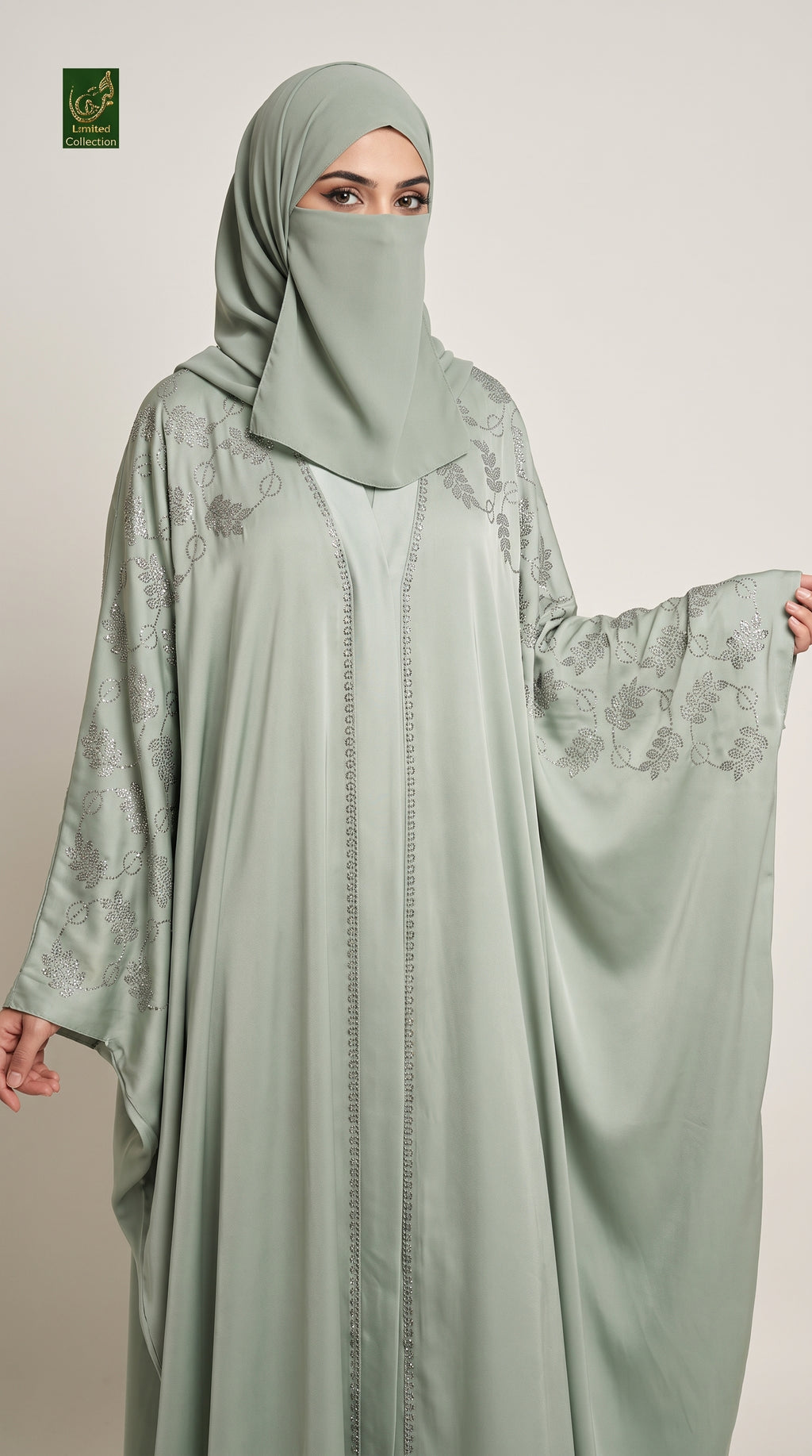 Front-Open Silver Vine Stonework Butterfly Abaya | Premium Romantic Nida Colored Stone-Embellished Butterfly Abaya