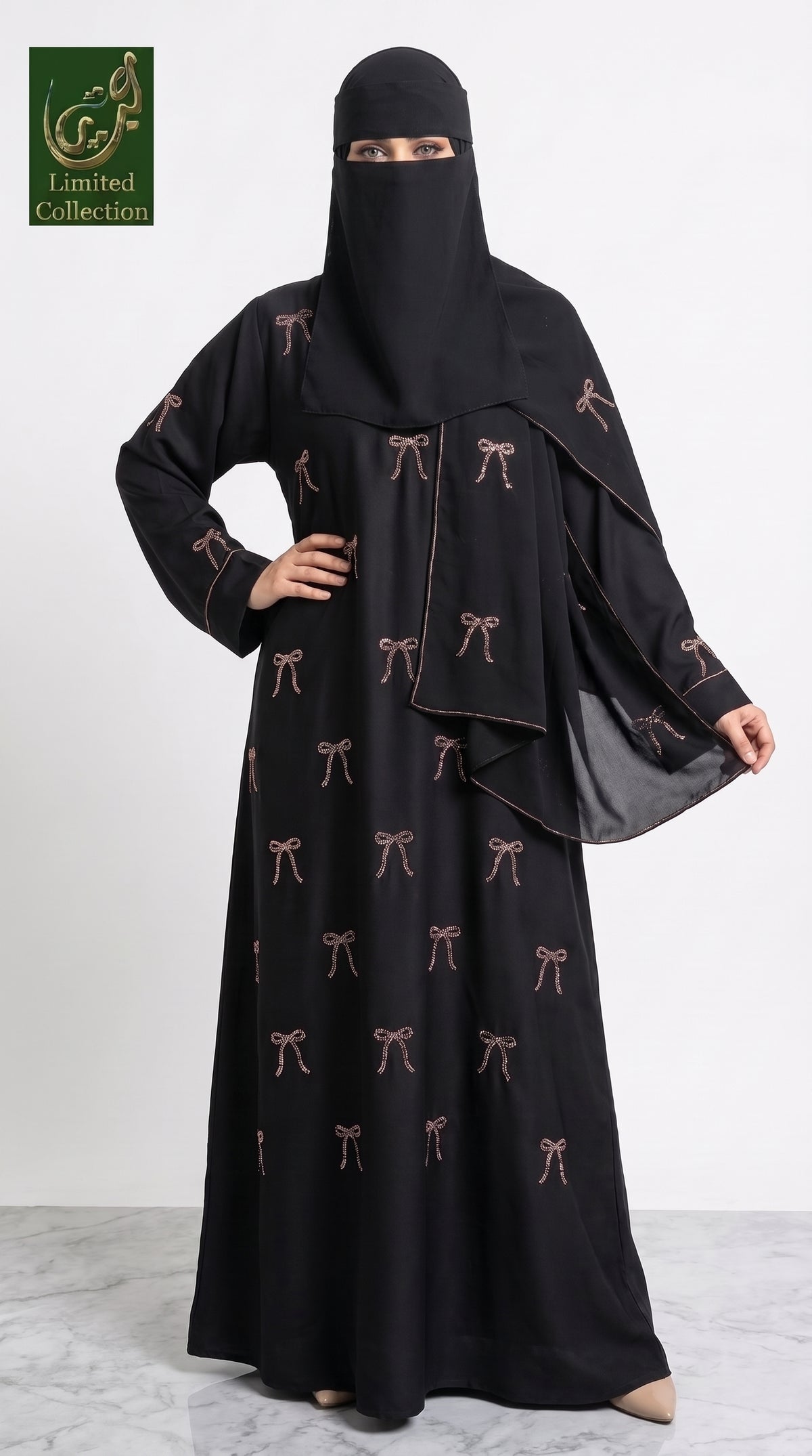 Front-Open Bow Stonework Black Abaya & Scarf | Premium Nida Black Stone-Embellished Abaya