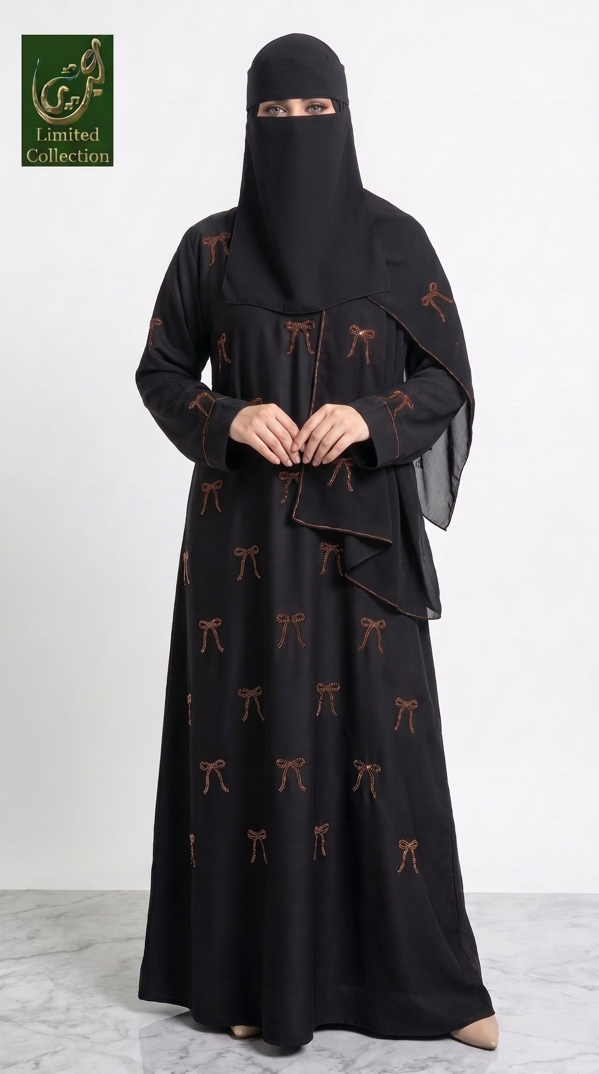 Front-Open Bow Stonework Black Abaya & Scarf | Premium Nida Black Stone-Embellished Abaya