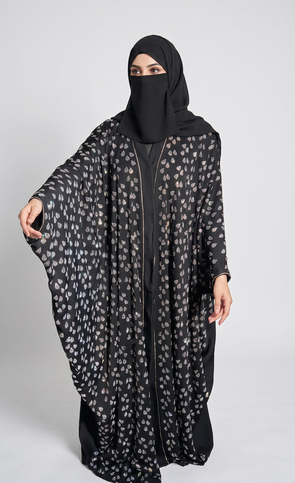 Front-Open Teardrop Stonework Butterfly Abaya | Premium Nida Stone-Studded Butterfly Abaya