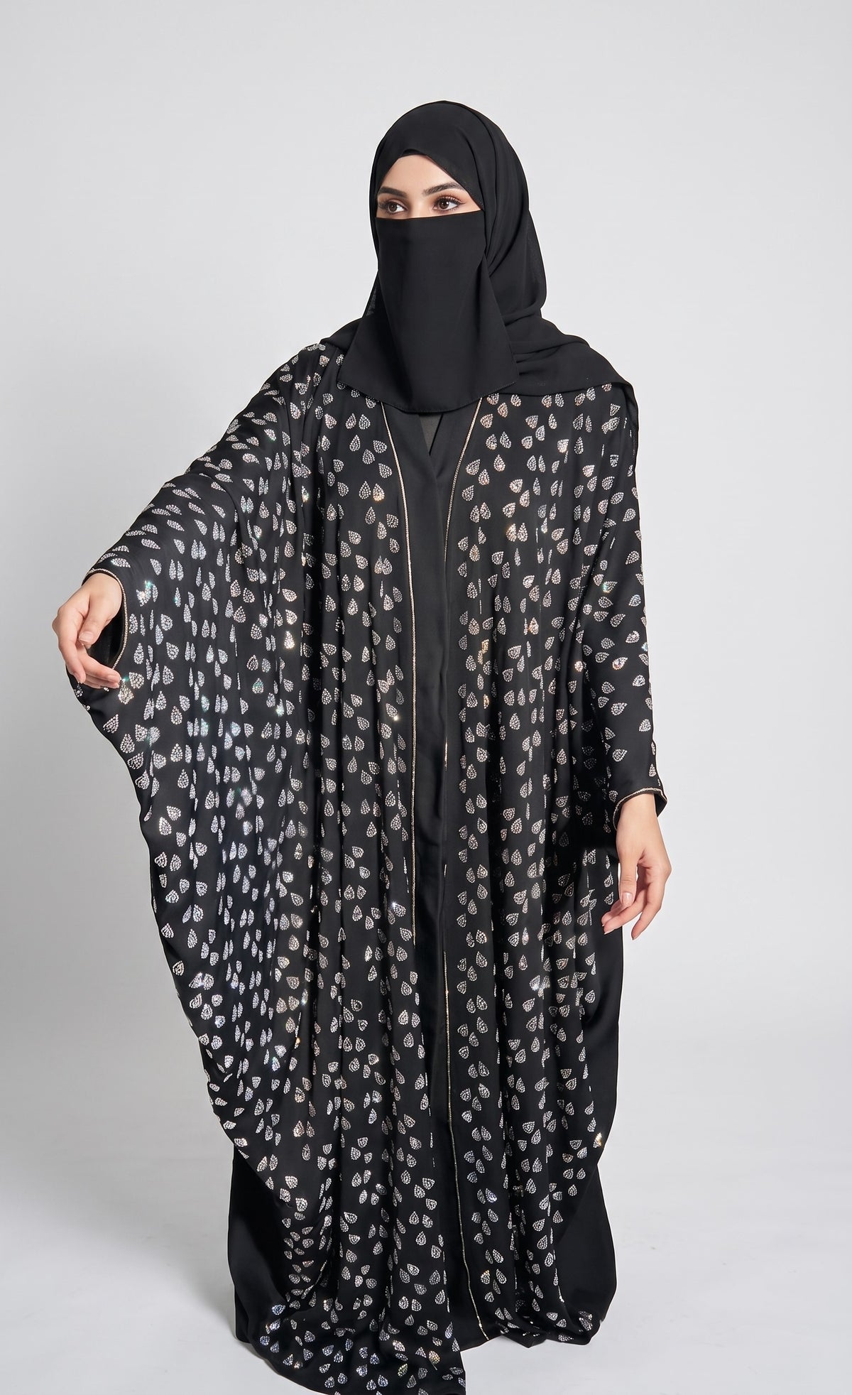 Front-Open Teardrop Stonework Butterfly Abaya | Premium Nida Stone-Studded Butterfly Abaya