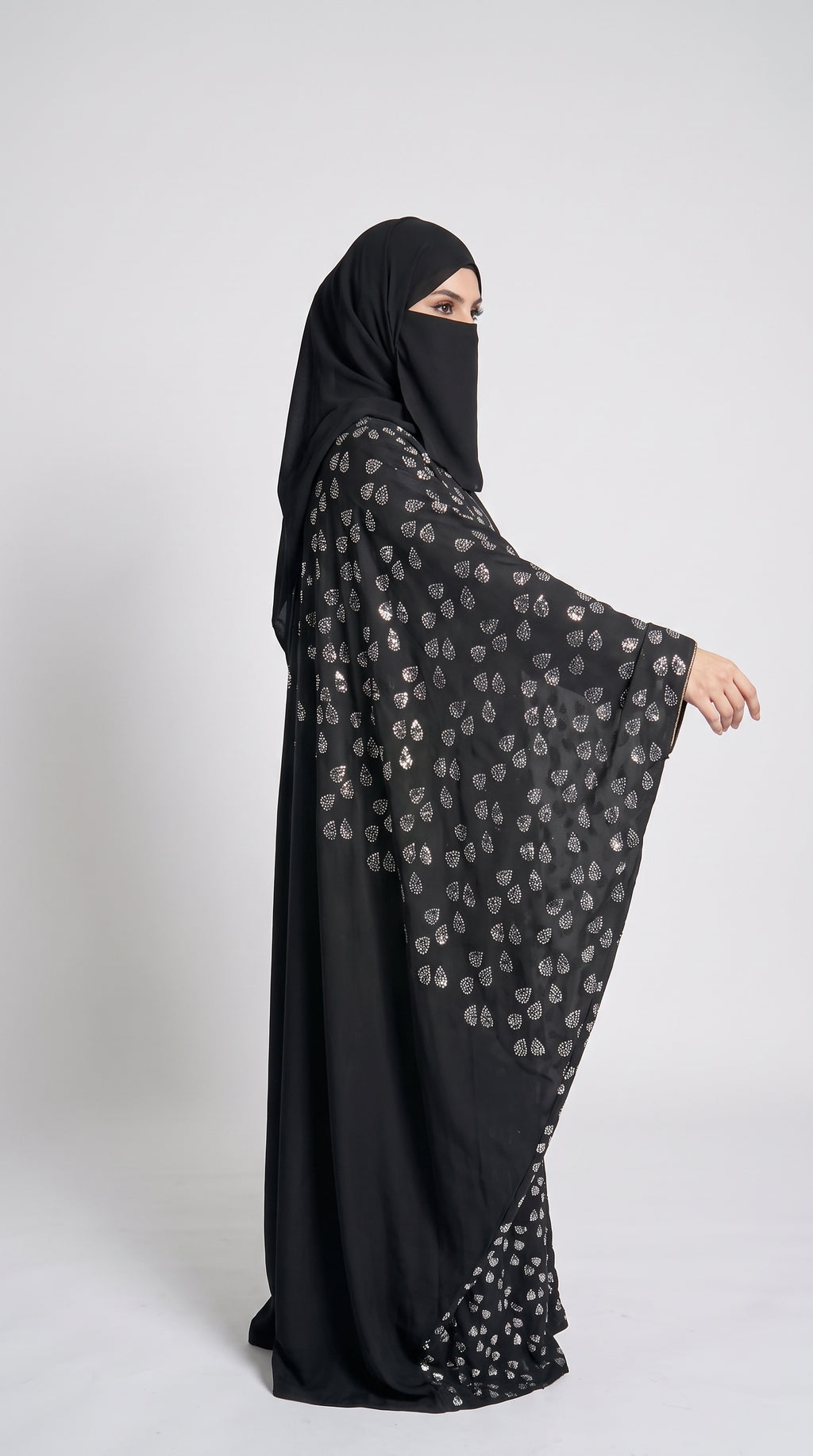 Front-Open Teardrop Stonework Butterfly Abaya | Premium Nida Stone-Studded Butterfly Abaya