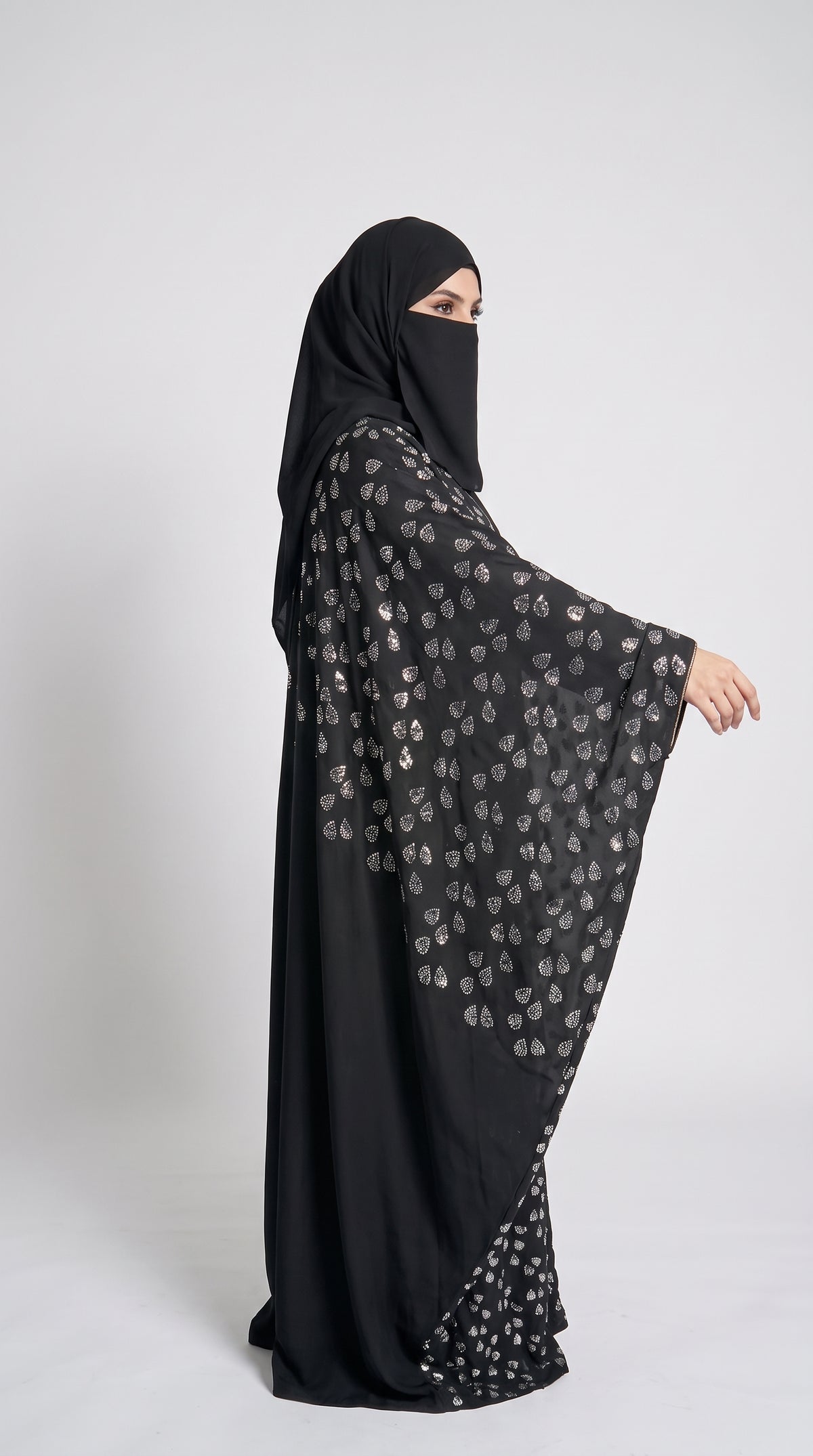 Front-Open Teardrop Stonework Butterfly Abaya | Premium Nida Stone-Studded Butterfly Abaya