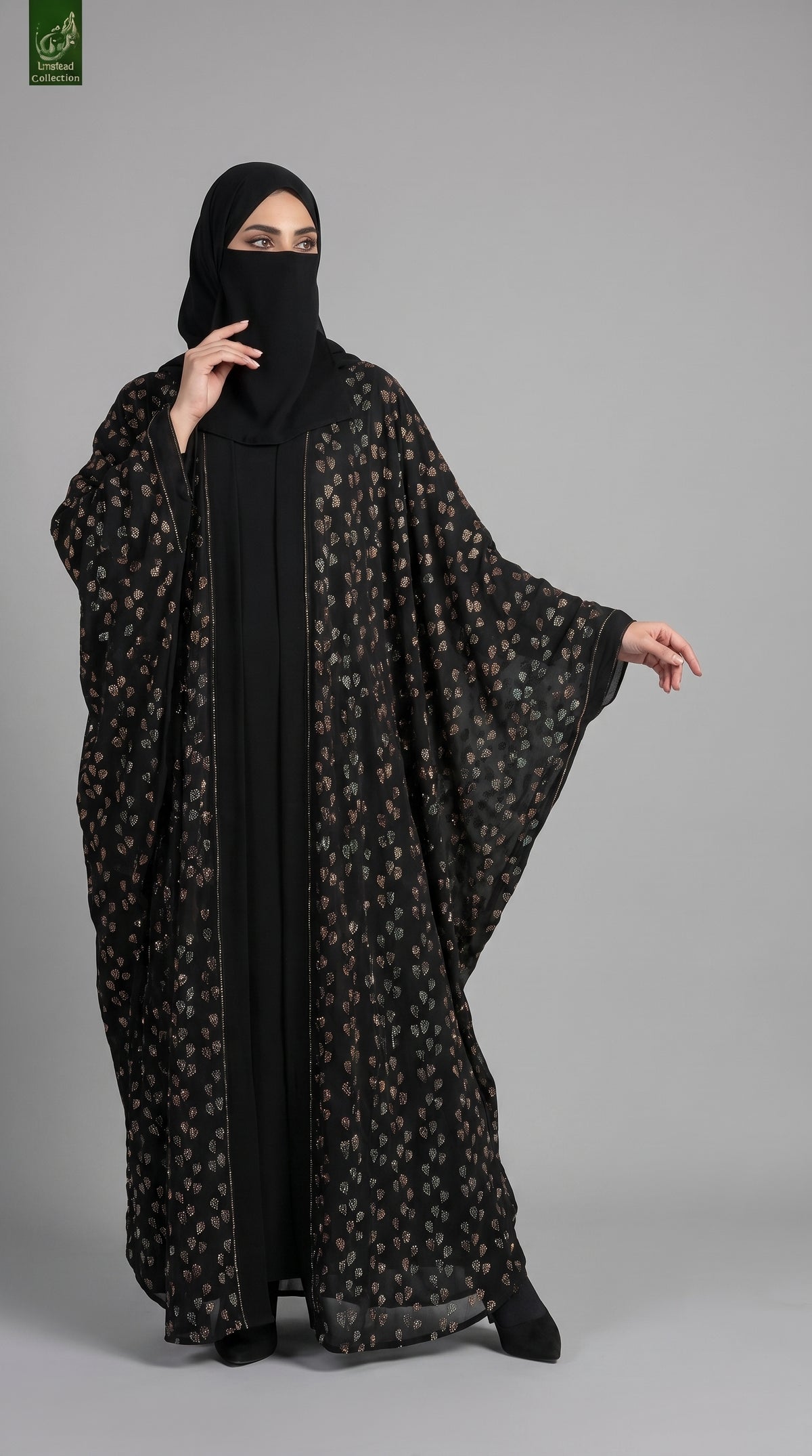 Front-Open Stone-Studded Leaf Butterfly Abaya with Scarf | Premium Nida Stonework Butterfly Abaya