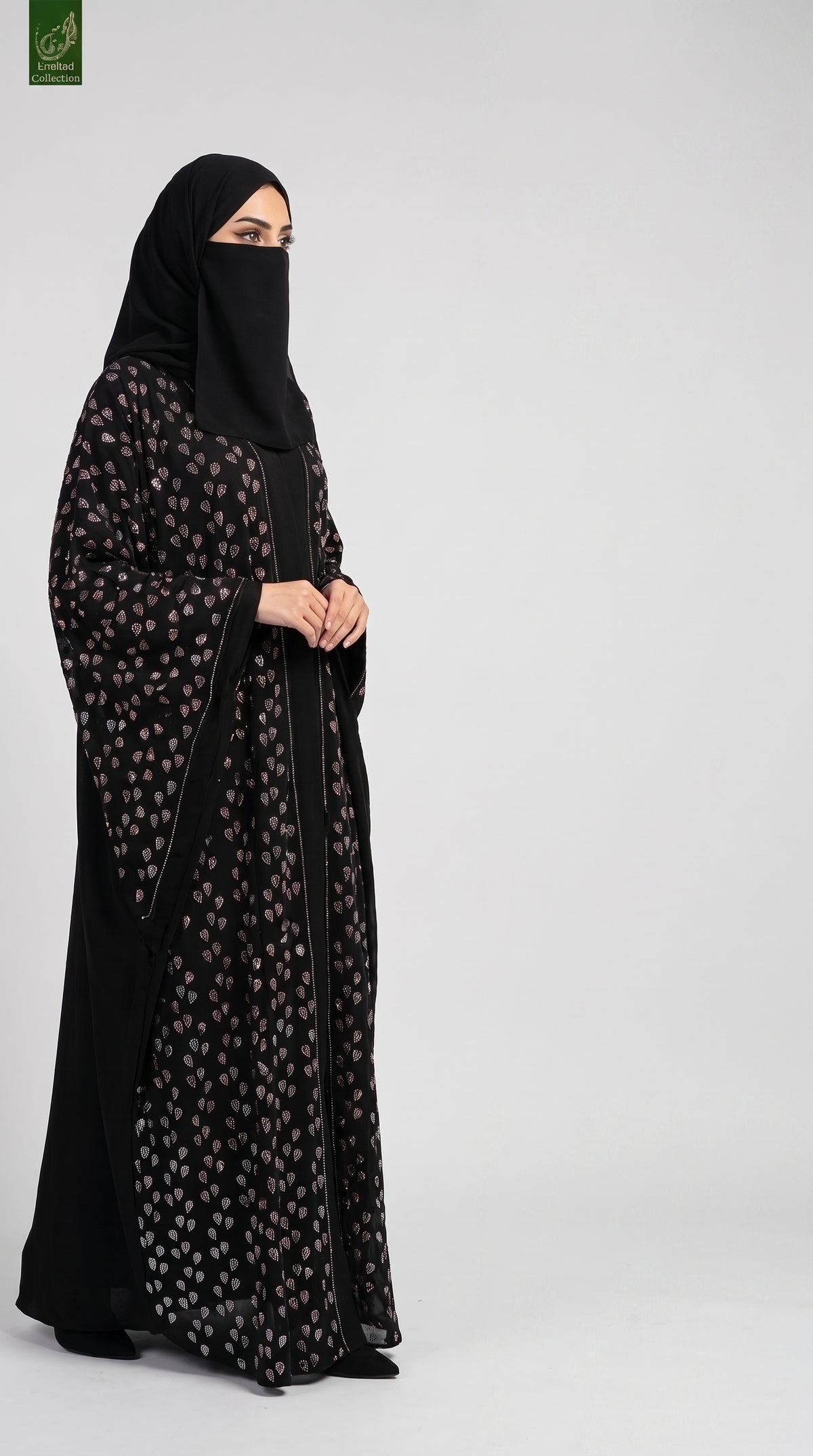 Front-Open Stone-Studded Leaf Butterfly Abaya with Scarf | Premium Nida Stonework Butterfly Abaya