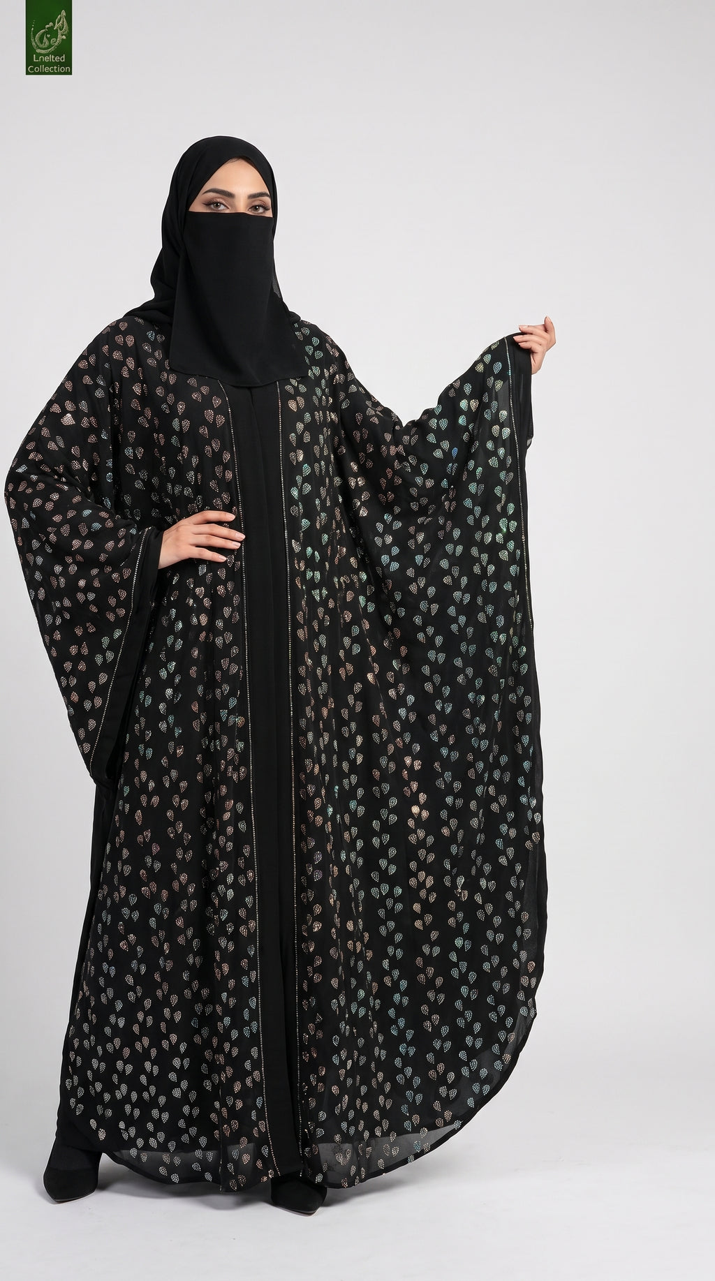 Front-Open Stone-Studded Leaf Butterfly Abaya with Scarf | Premium Nida Stonework Butterfly Abaya