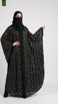 Front-Open Stone-Studded Leaf Butterfly Abaya with Scarf | Premium Nida Stonework Butterfly Abaya