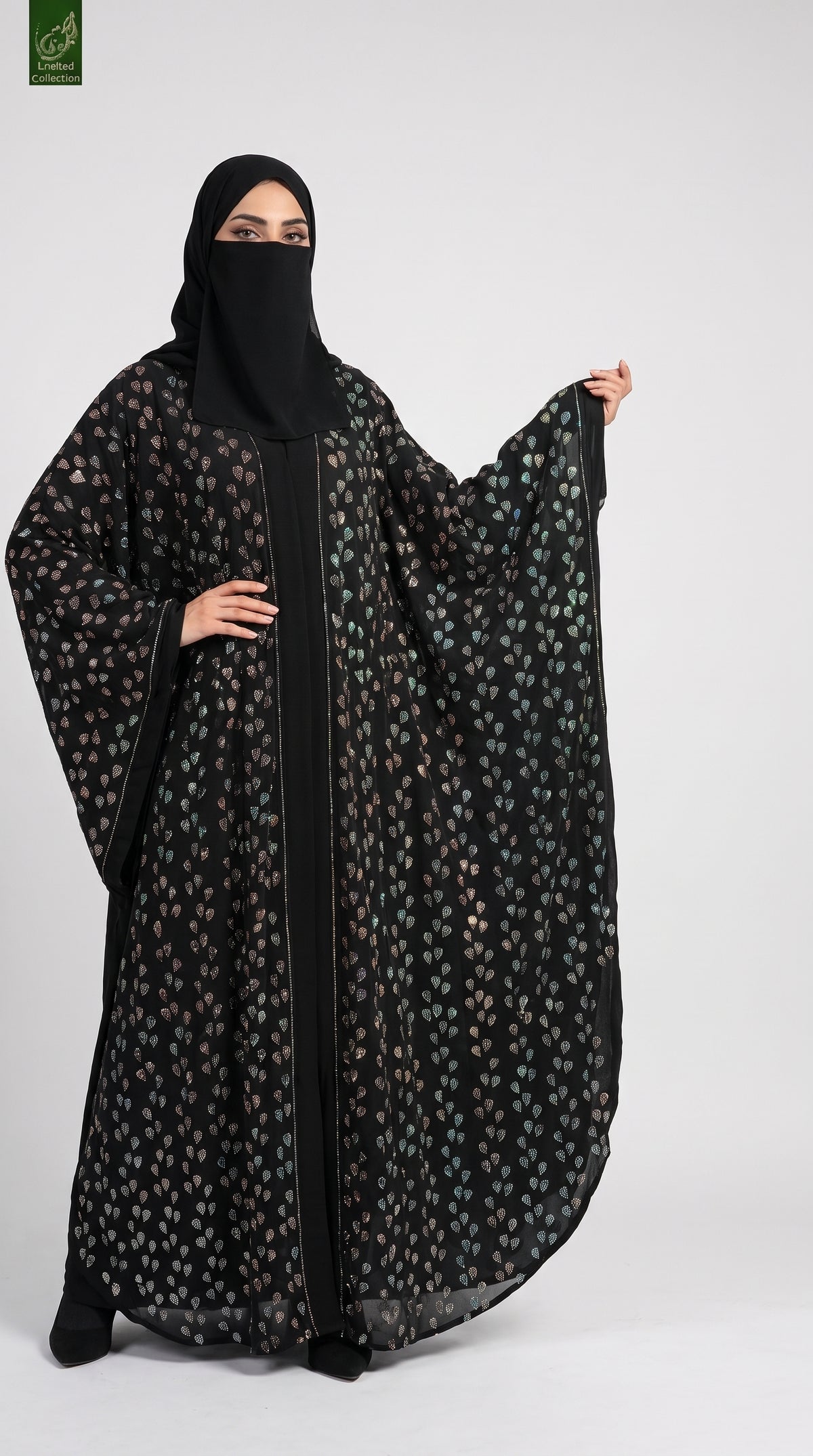 Front-Open Stone-Studded Leaf Butterfly Abaya with Scarf | Premium Nida Stonework Butterfly Abaya