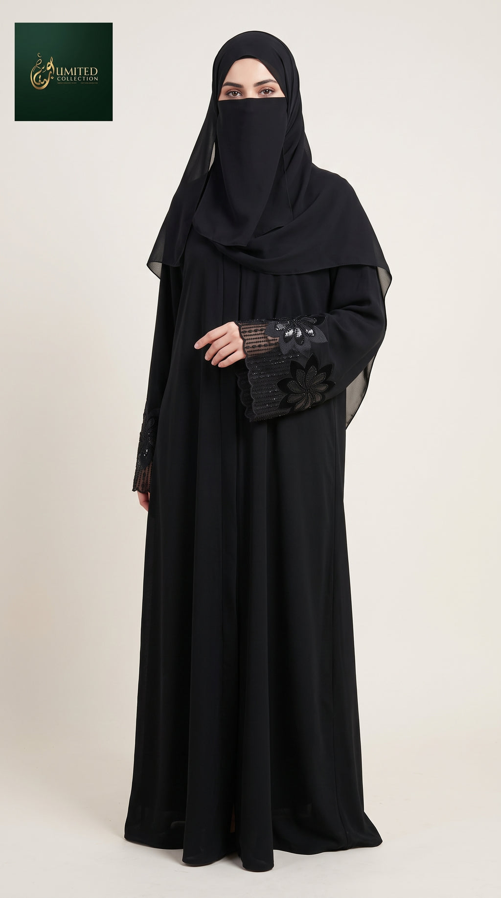 Front-Open Black Abaya with Floral Stone-Embroidered Cuffs | Premium Nida Black Stonework Embroidery Abaya
