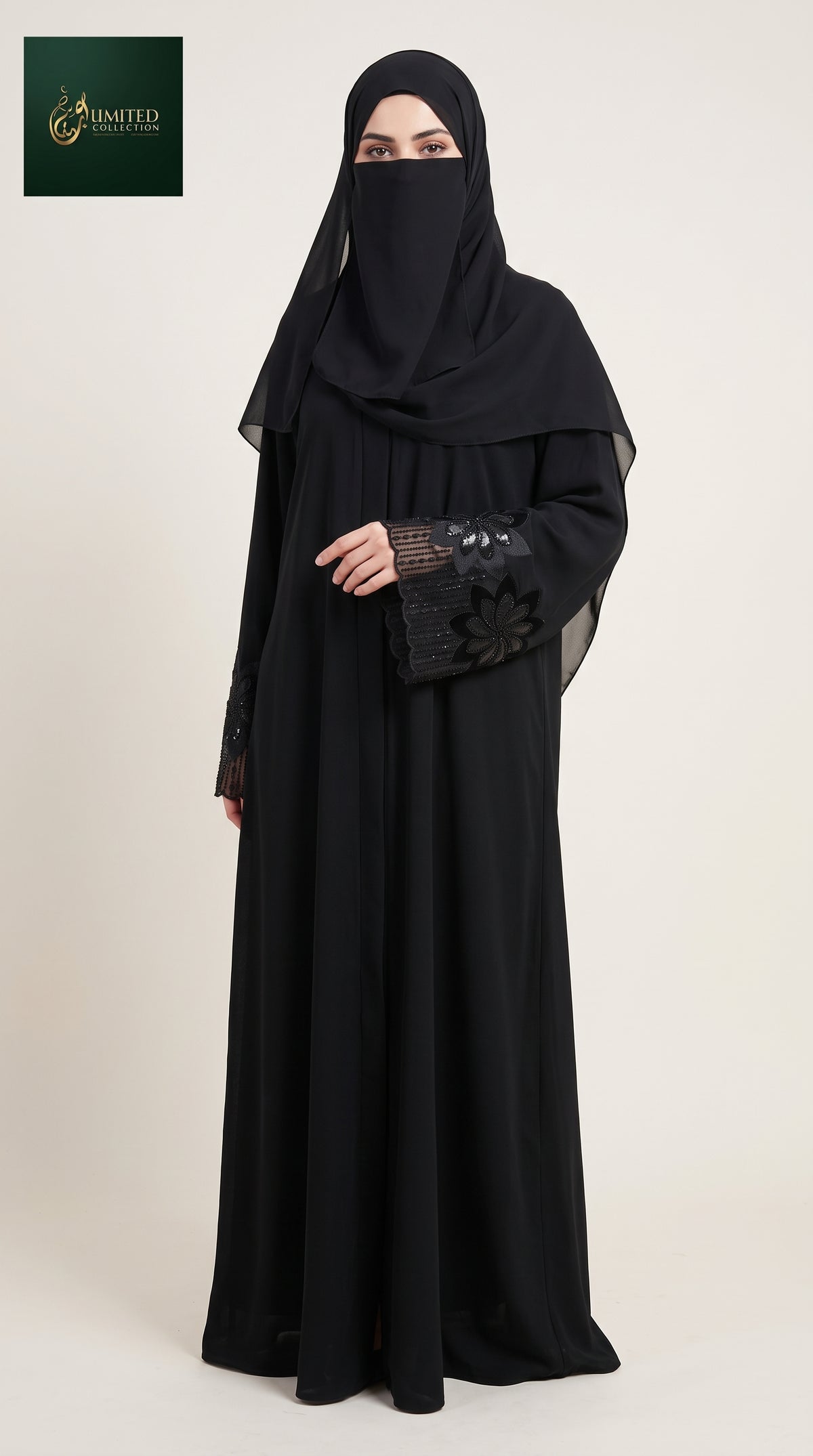 Front-Open Black Abaya with Floral Stone-Embroidered Cuffs | Premium Nida Black Stonework Embroidery Abaya