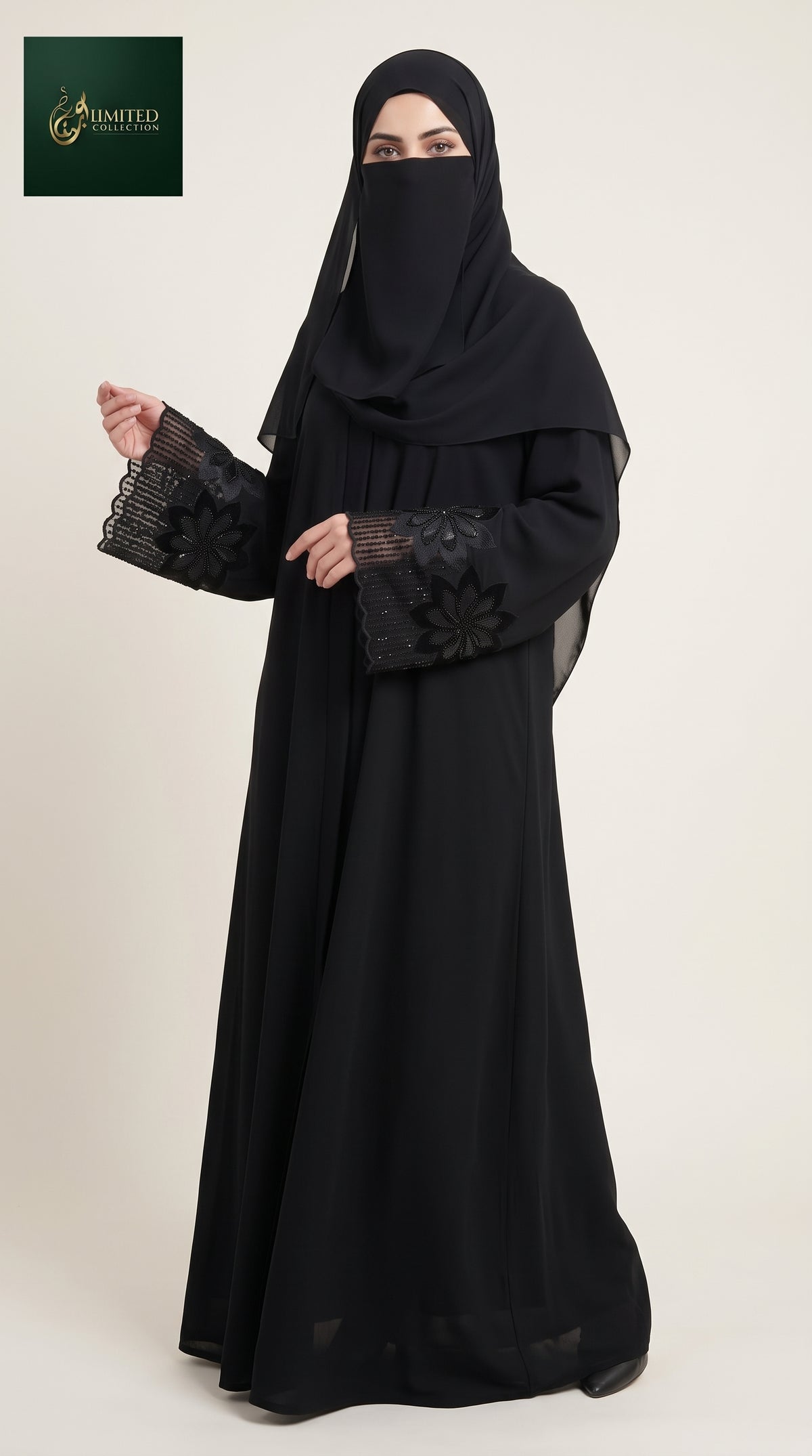 Front-Open Black Abaya with Floral Stone-Embroidered Cuffs | Premium Nida Black Stonework Embroidery Abaya