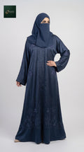 Front-Open Scattered Floral Embroidered Stonework Black Abaya | Premium Romantic Nida Stone-Studded Embroidery Abaya