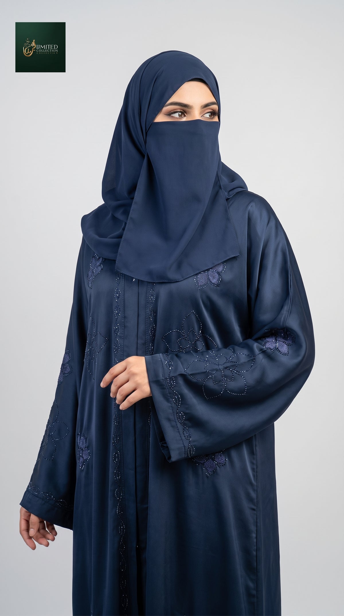 Front-Open Scattered Floral Embroidered Stonework Black Abaya | Premium Romantic Nida Stone-Studded Embroidery Abaya