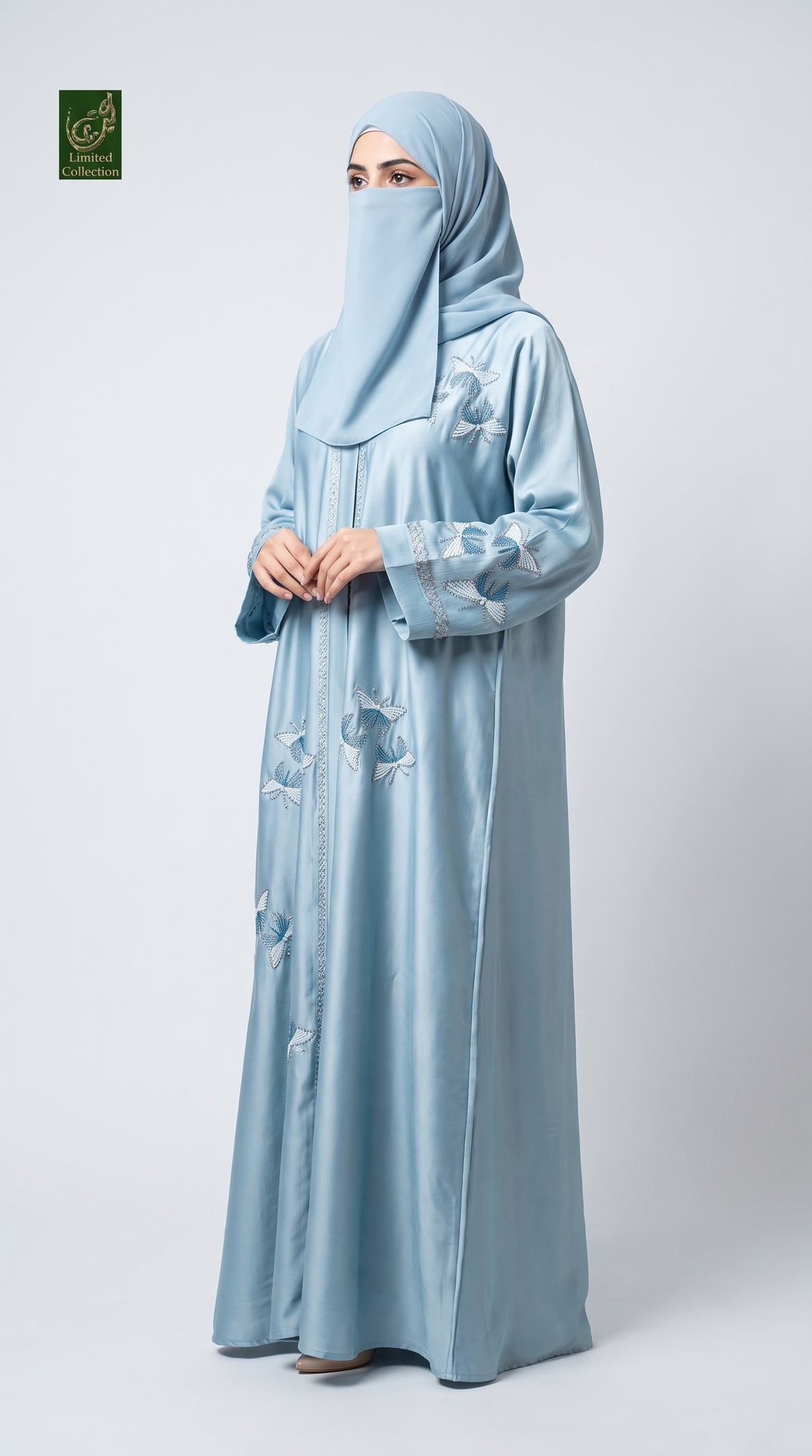 Front-Open Butterflies Flutter Stonework Embroidered Abaya | Premium Romantic Nida Embroidered Stone-Studded Abaya