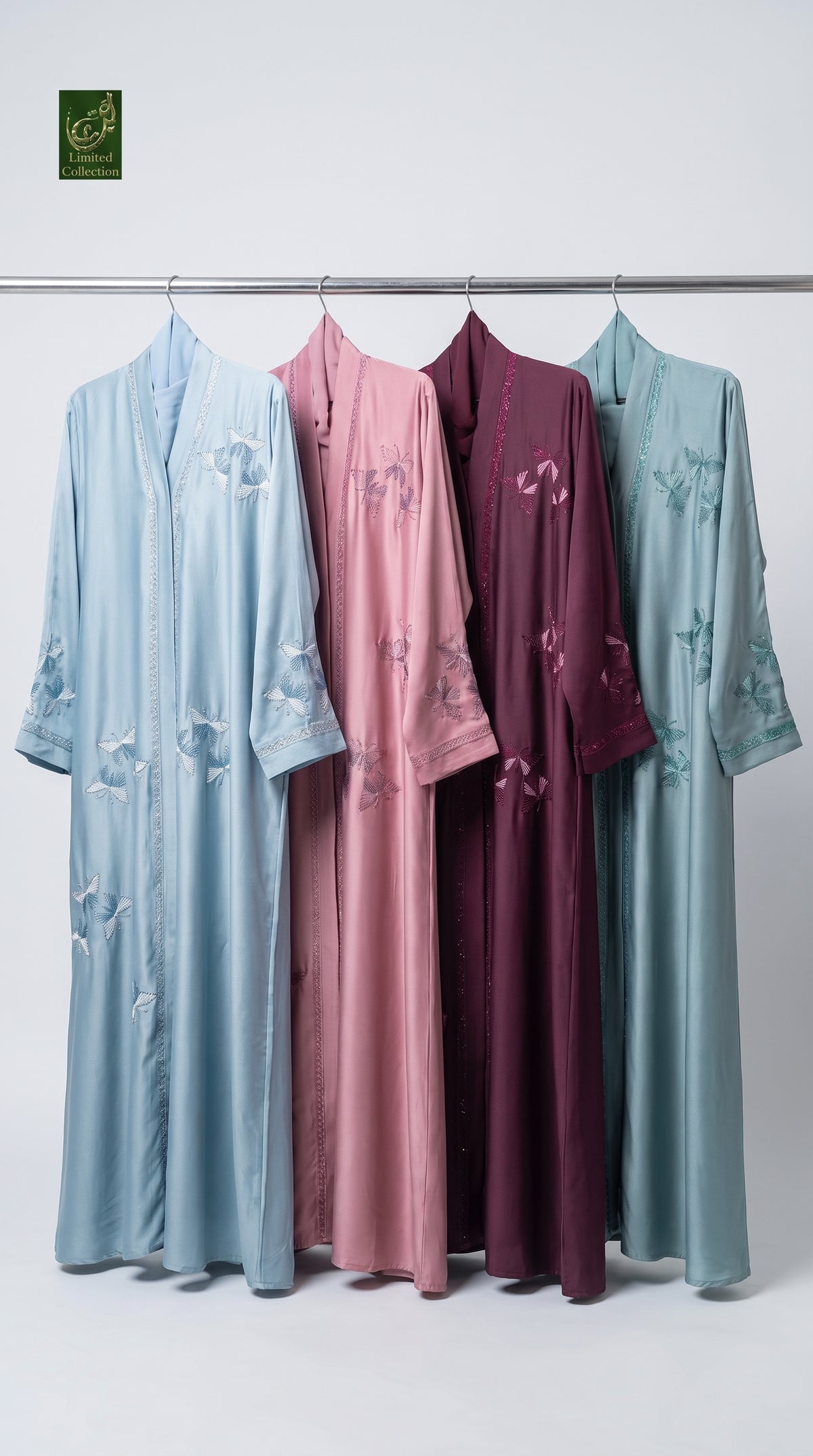 Front-Open Butterflies Flutter Stonework Embroidered Abaya | Premium Romantic Nida Embroidered Stone-Studded Abaya