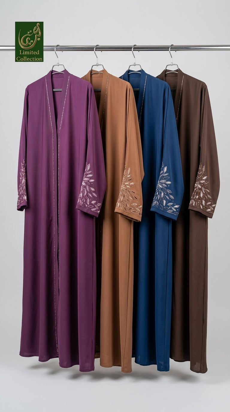 Front-Open Stonework Embroidered Sleeves Abaya | Premium Romantic Nida Embroidered Stonework Abaya