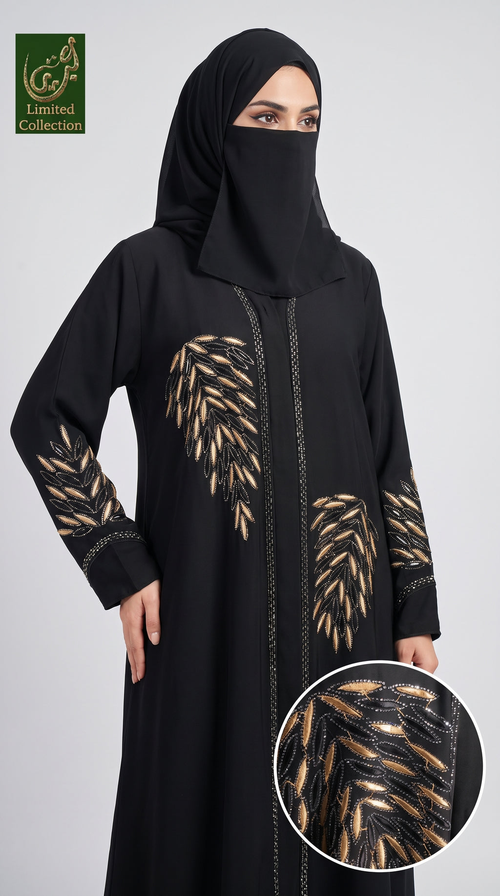 Front-Open Golden Leaf Stonework Embroidered Abaya | Premium Romantic Nida Stone-Studded Embroidery Abaya