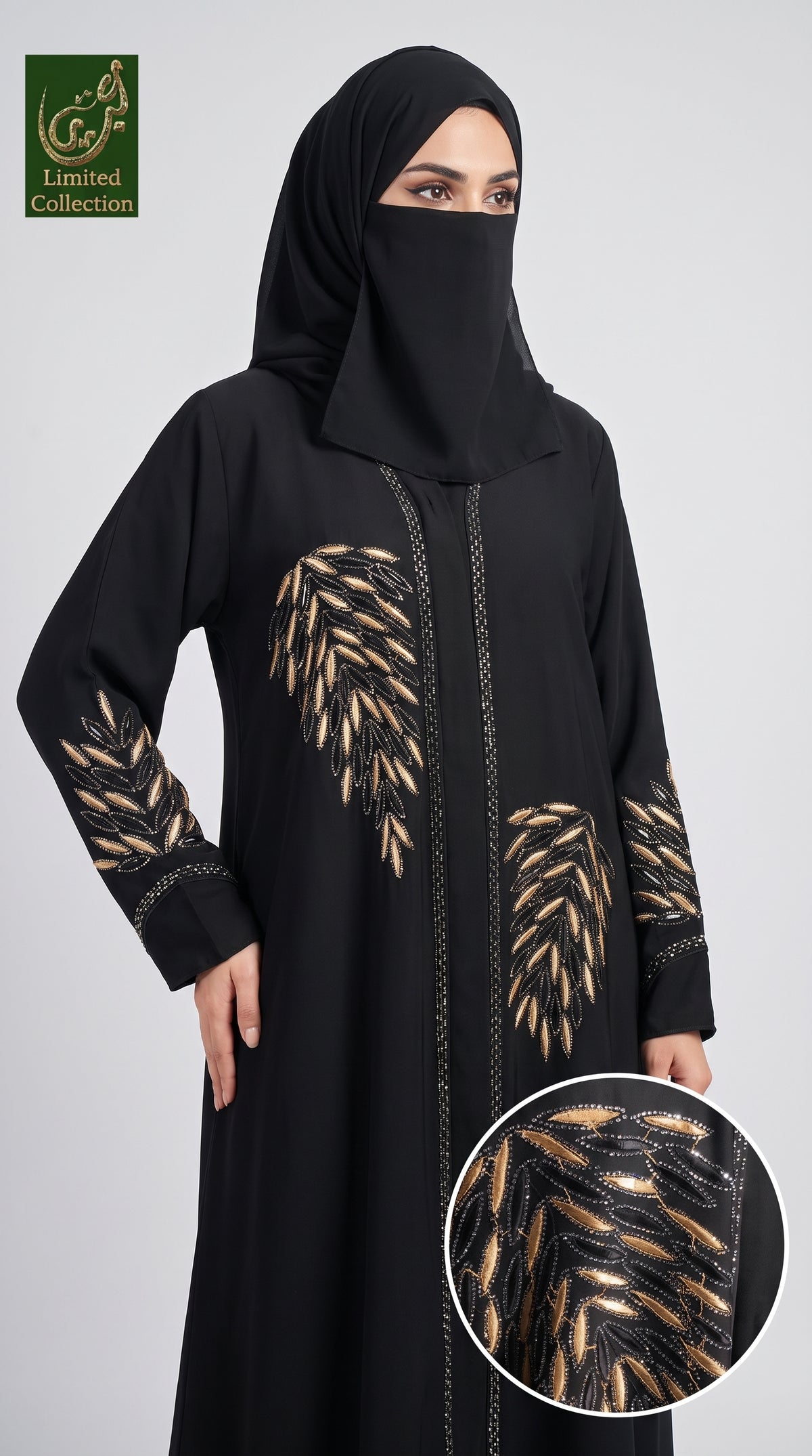 Front-Open Golden Leaf Stonework Embroidered Abaya | Premium Romantic Nida Stone-Studded Embroidery Abaya