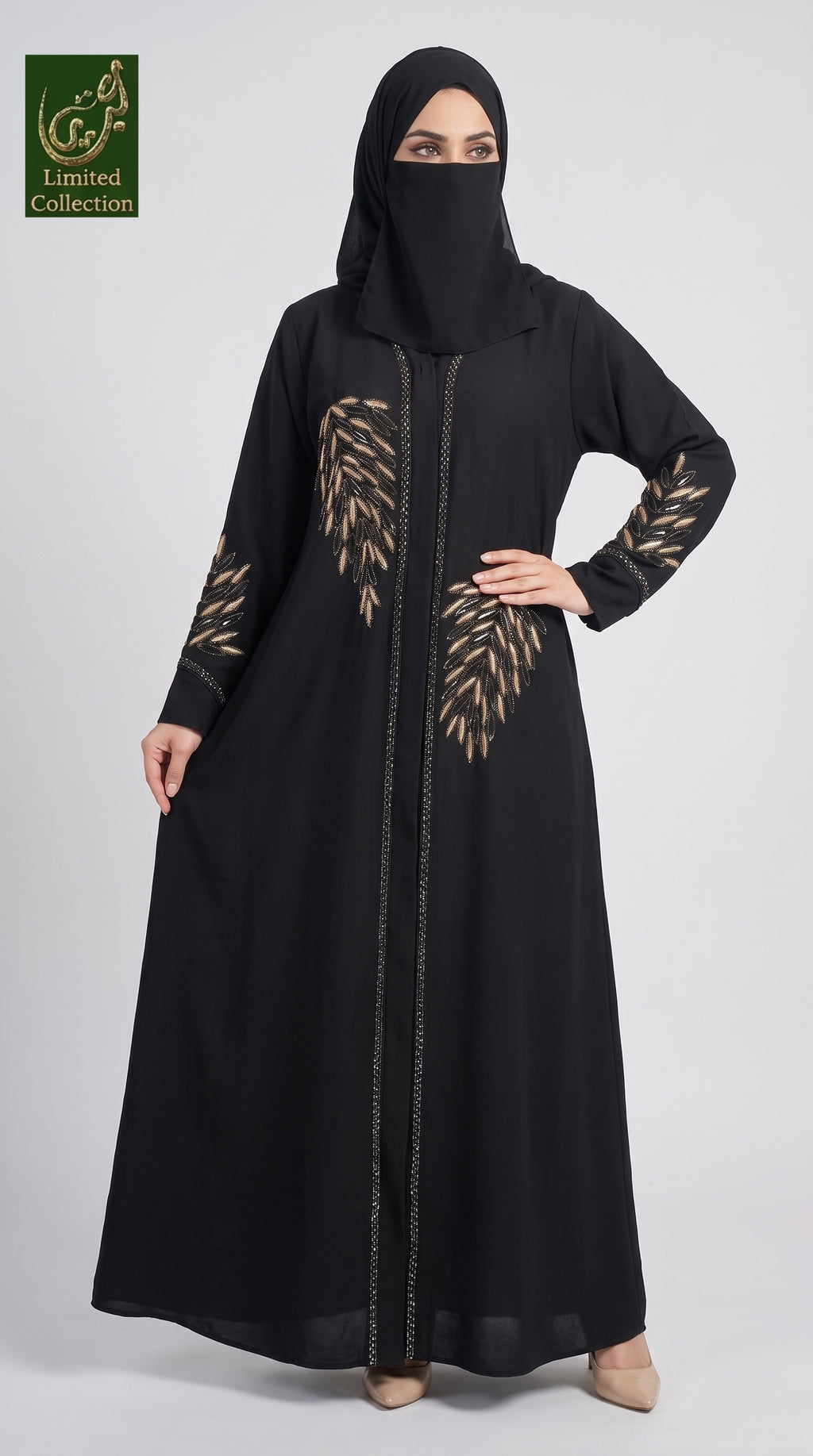 Front-Open Golden Leaf Stonework Embroidered Abaya | Premium Romantic Nida Stone-Studded Embroidery Abaya