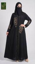 Front-Open Golden Leaf Stonework Embroidered Abaya | Premium Romantic Nida Stone-Studded Embroidery Abaya