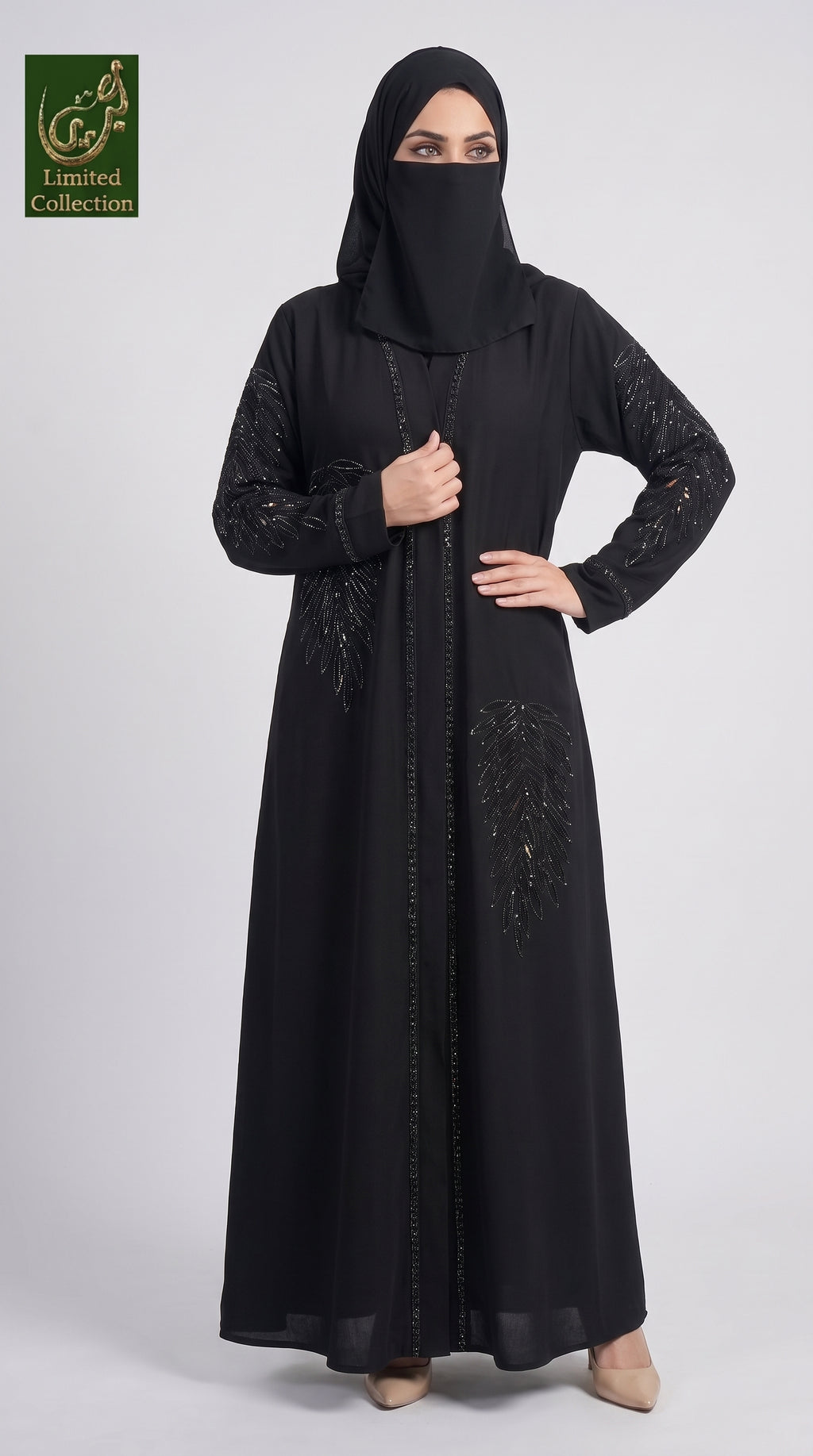 Front-Open Golden Leaf Stonework Embroidered Abaya | Premium Romantic Nida Stone-Studded Embroidery Abaya