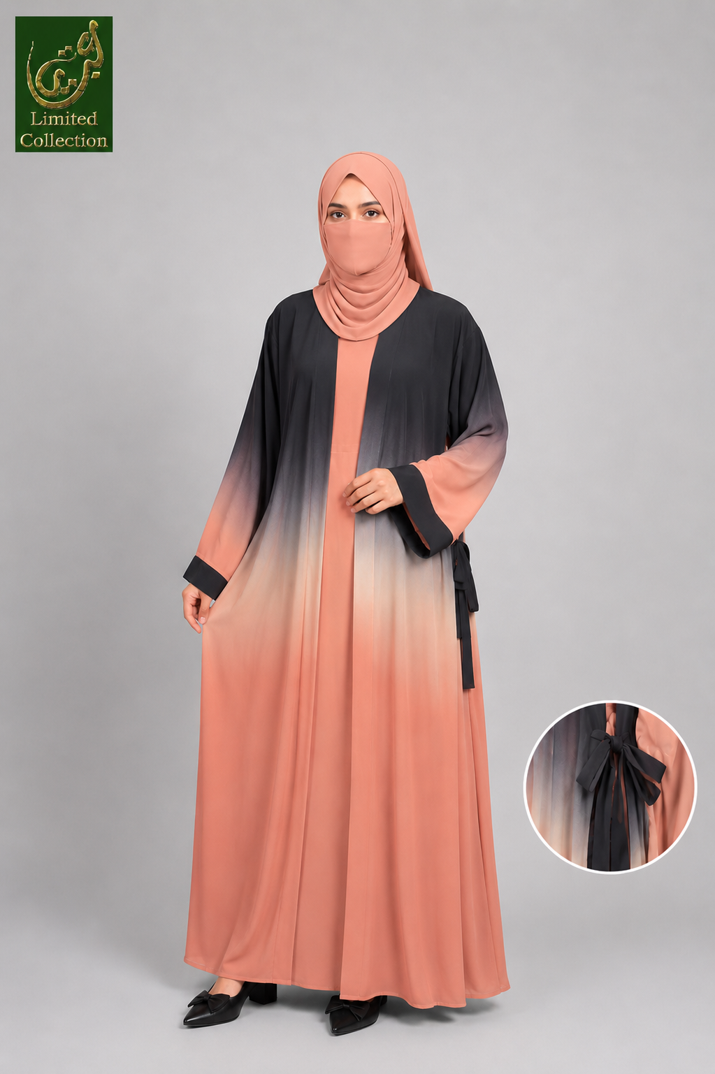 A woman modeling a modest long Tie-Dye Kimono abaya with a hijab, featuring a black-to-terracotta peach gradient design. The image includes a brand logo in the top-left corner and a circular detail inset showing the side tie of the abaya.