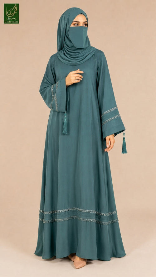 Front-Closed Long Flare Stone Embroidered Abaya | Premium Nida Stonework Abaya