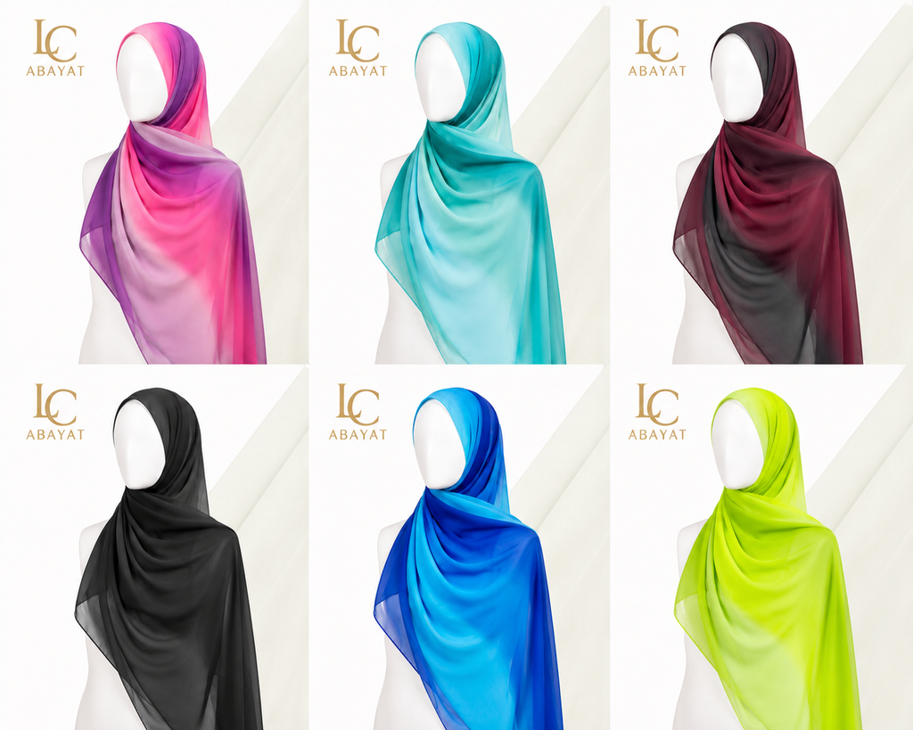 Six hijab scarves displayed on white mannequin heads in a 2x3 grid, each in a different color: pink and purple gradient, teal and light blue gradient, burgundy and dark gray gradient, solid black, bright blue gradient, and neon yellow-green gradient. The brand logo 'IC ABAYAT' is visible in the top left corner of each panel.