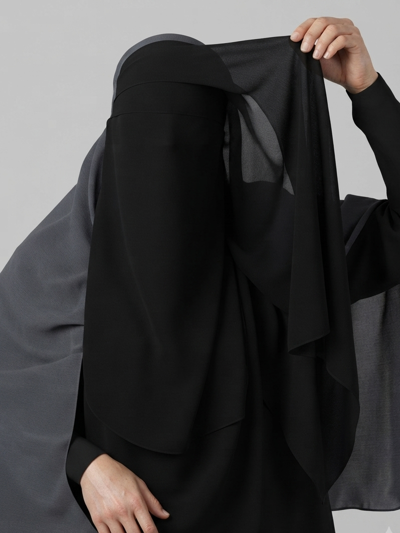 A model wearing a black burkini head covering and long-sleeved garment, holding up a sheer black mesh section of the head covering against a plain light gray studio background.