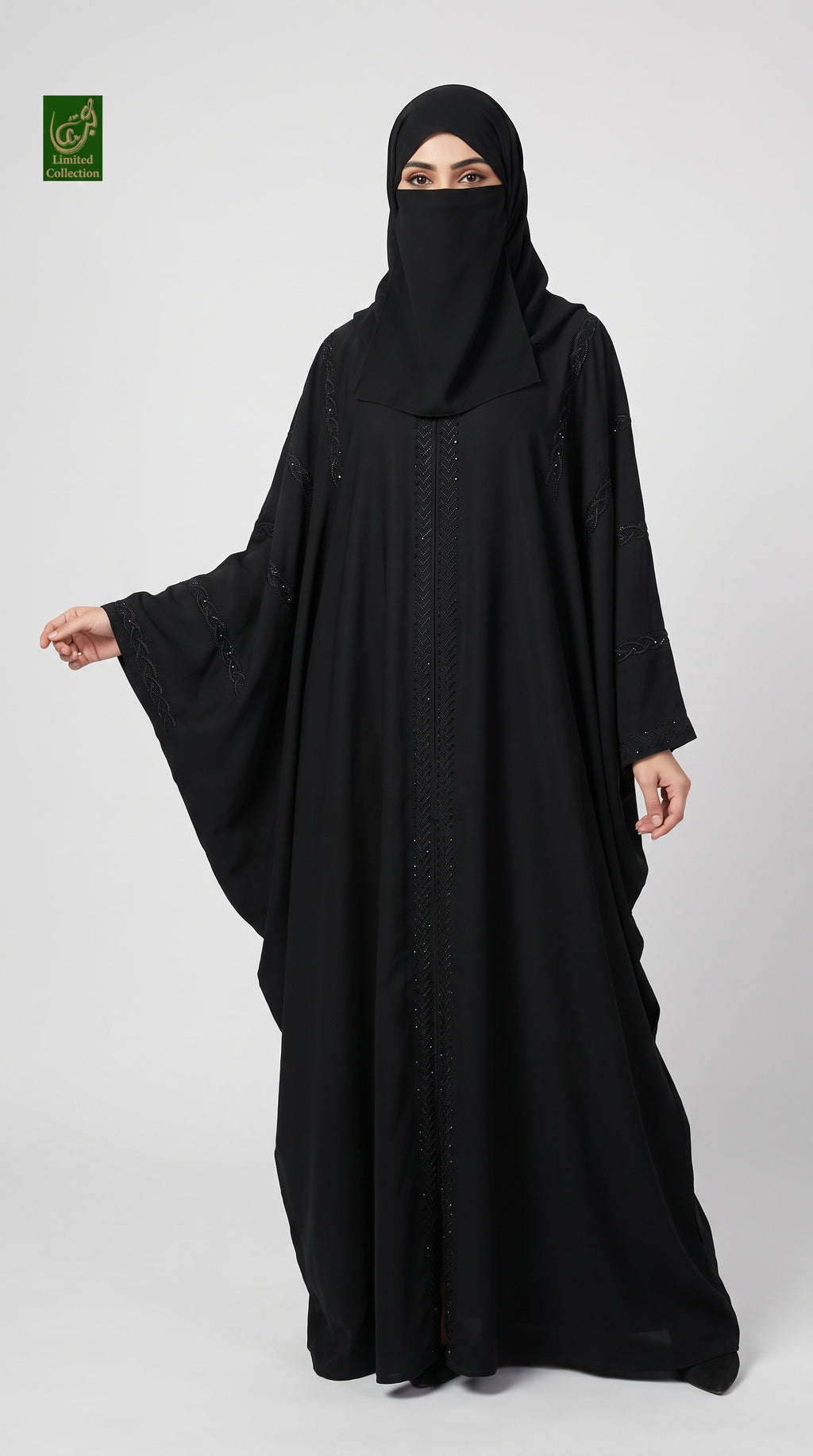 Front-Open Black Chevron Stonework Embroidery Butterfly Abaya | Premium Nida Embroidered Stone-Studded Black Butterfly Abaya