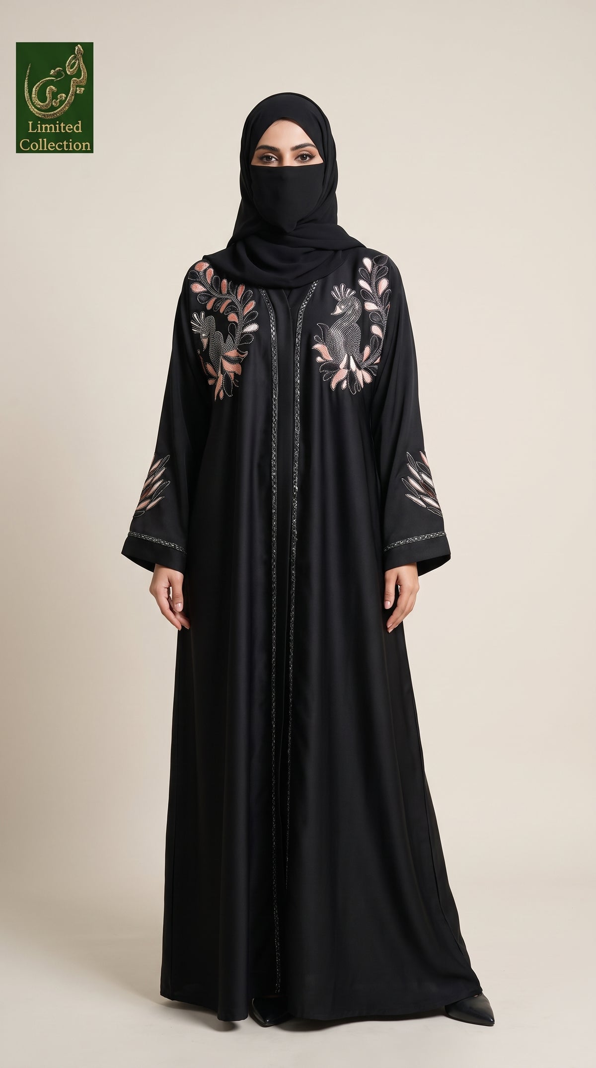 Front-Open Peacock Stone-Embroidered Abaya | Premium Romantic Nida Black Abaya with Peacock Stonework
