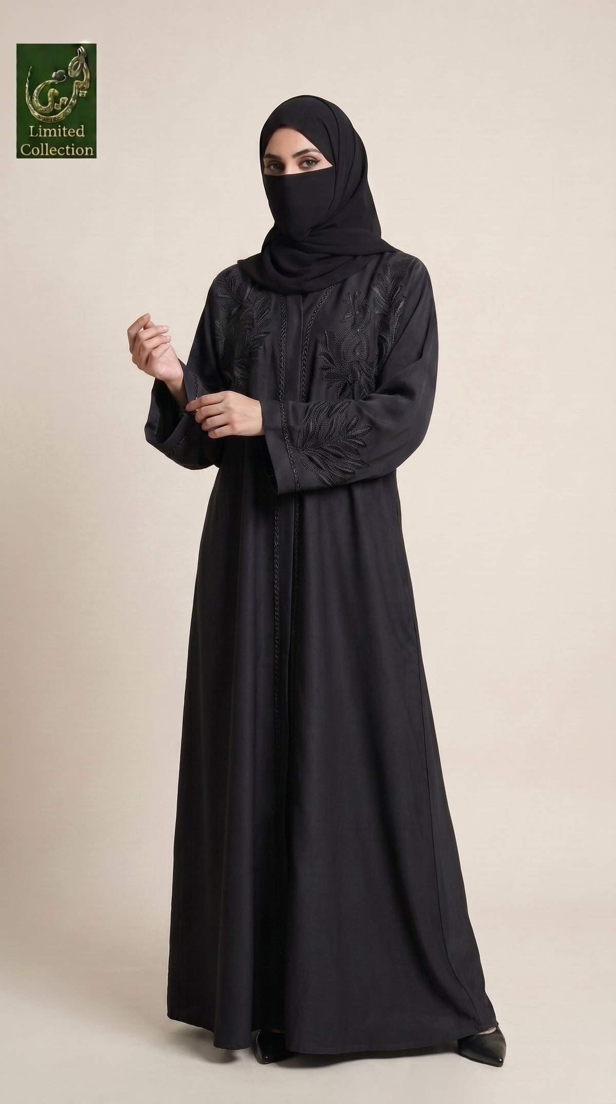 Front-Open Peacock Stone-Embroidered Abaya | Premium Romantic Nida Black Abaya with Peacock Stonework