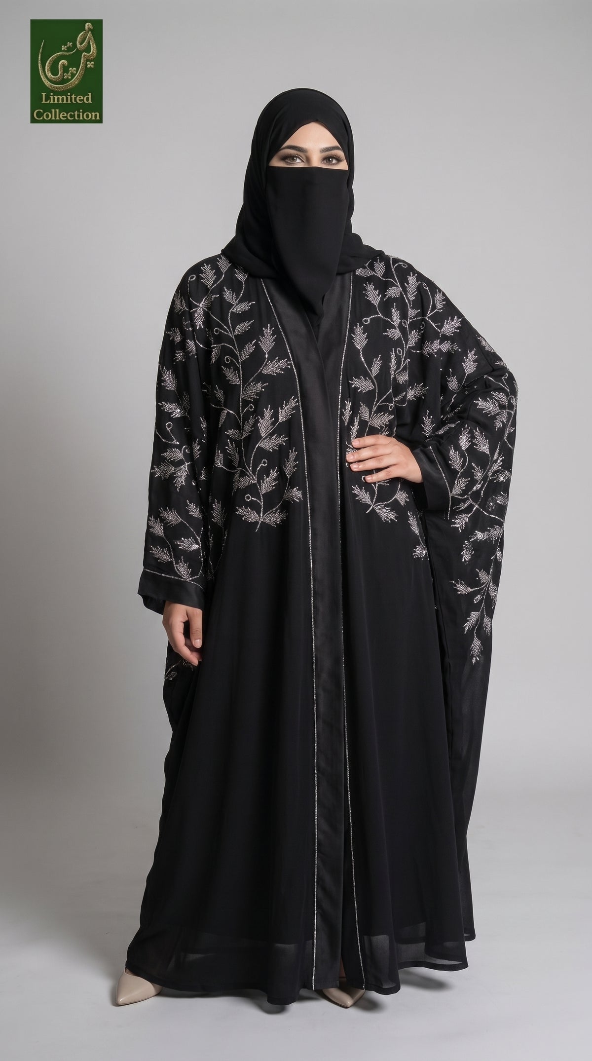 Front-Open Vine Trail Stone-Studded Butterfly Abaya | Premium Nida Stonework Butterfly Abaya