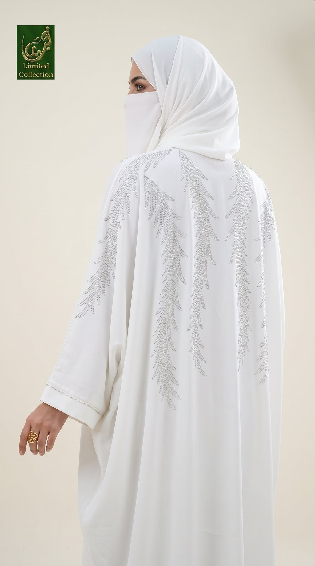 Front-Open Feathered Stonework White Butterfly Abaya with Matching Scarf | Premium Nida White Silver Stonework Abaya