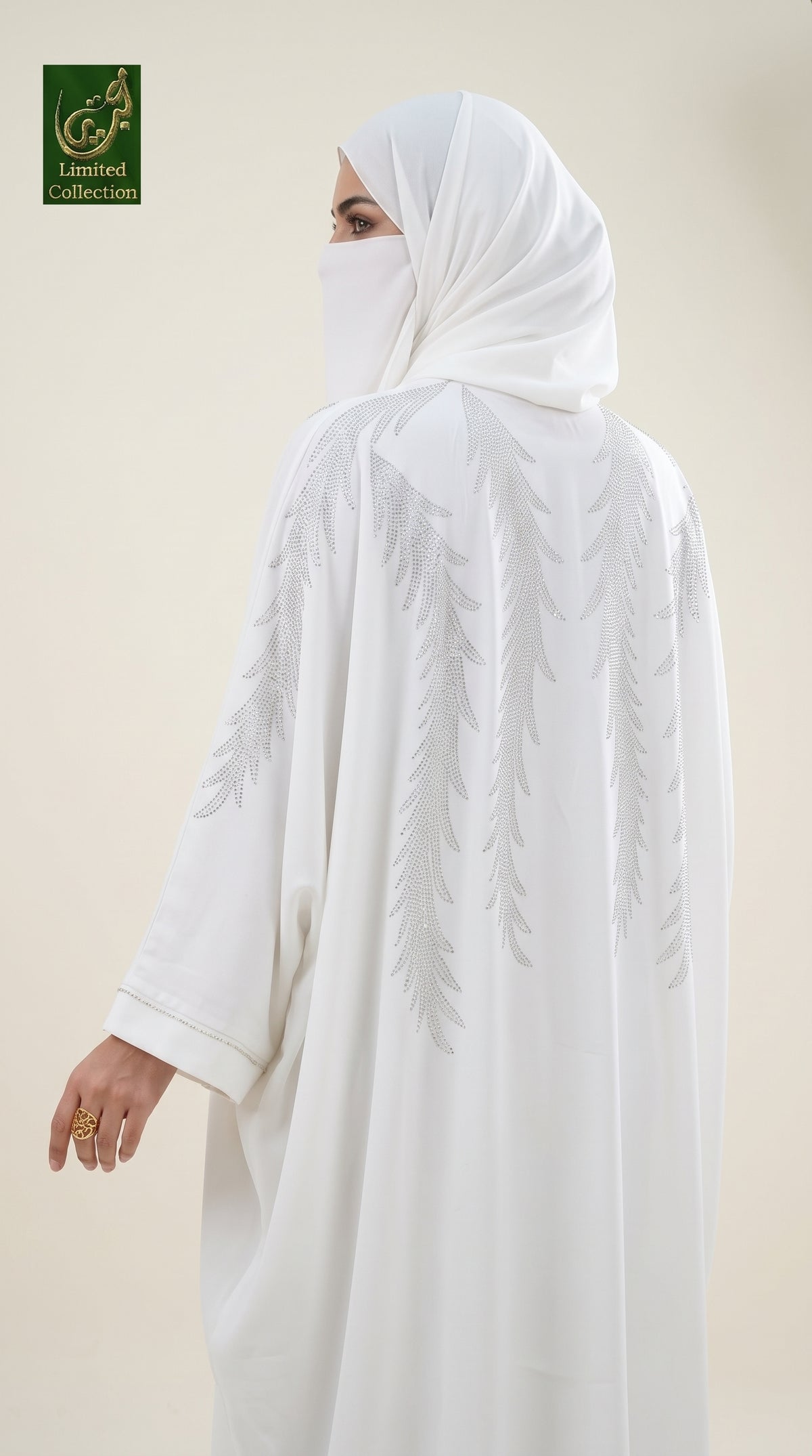 Front-Open Feathered Stonework White Butterfly Abaya with Matching Scarf | Premium Nida White Silver Stonework Abaya