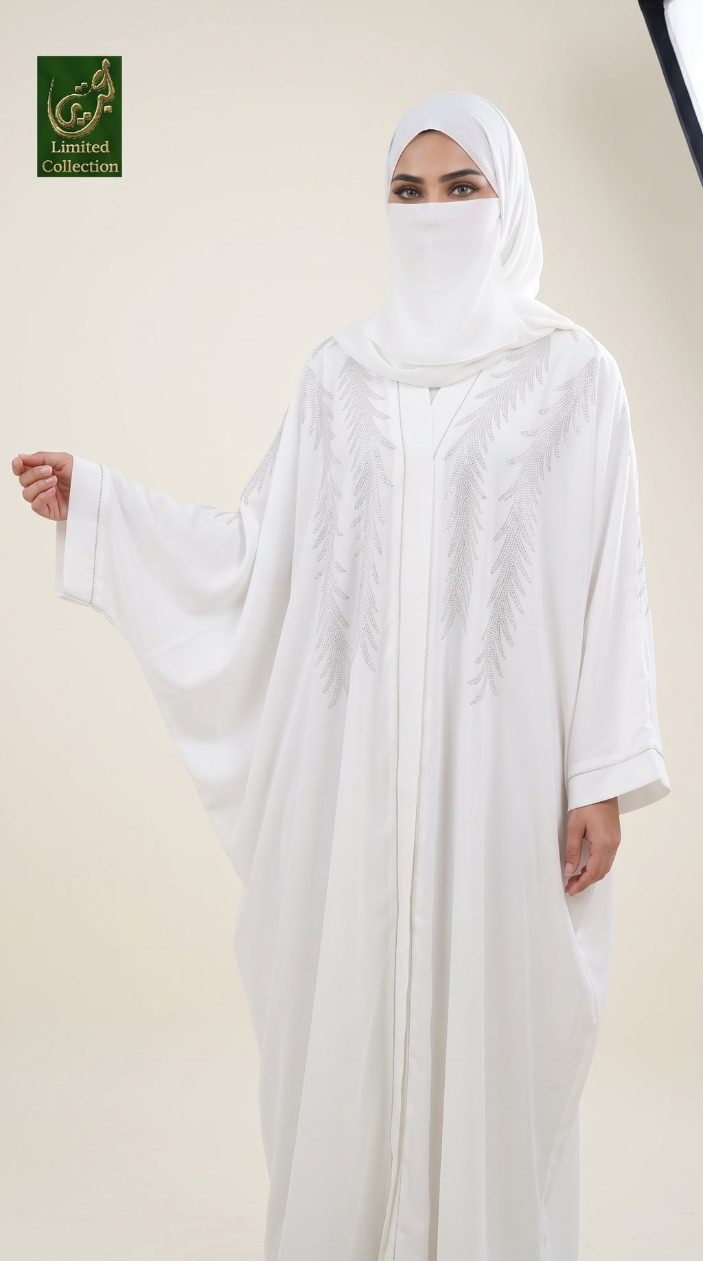Front-Open Feathered Stonework White Butterfly Abaya with Matching Scarf | Premium Nida White Silver Stonework Abaya