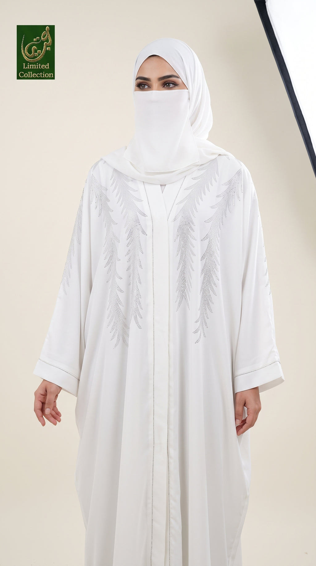 Front-Open Feathered Stonework White Butterfly Abaya with Matching Scarf | Premium Nida White Silver Stonework Abaya