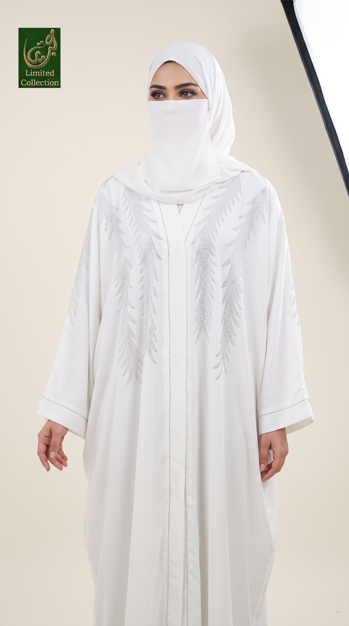 Front-Open Feathered Stonework White Butterfly Abaya with Matching Scarf | Premium Nida White Silver Stonework Abaya